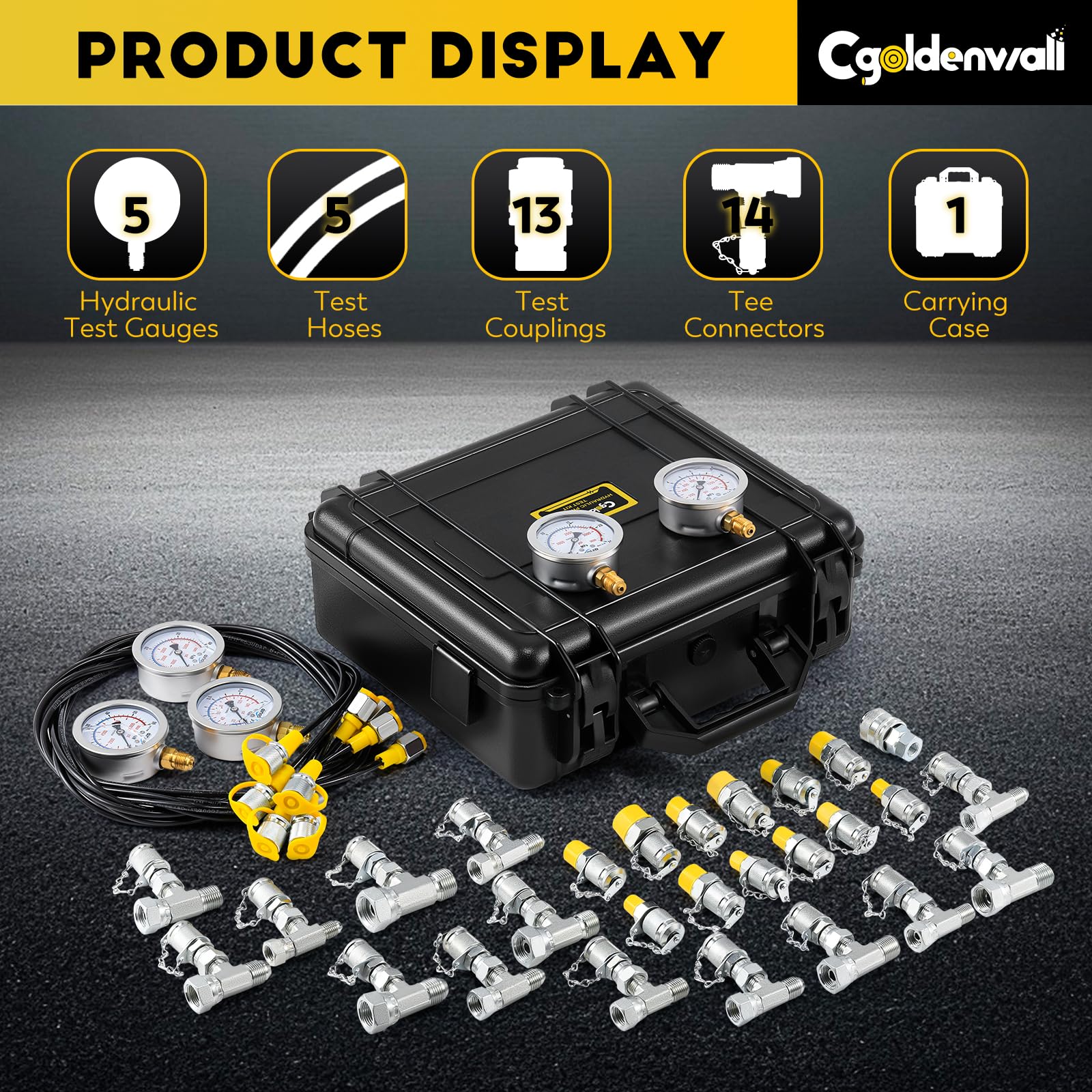 CGOLDENWALL Kit de Test de Pression Hydraulique‌, 5 Manomètres (10/100/250/400/600bar), 13 Raccords, 14 Connecteurs en T, 5 Tuyaux, pour Excavateur/Construction/Machineries/Mines