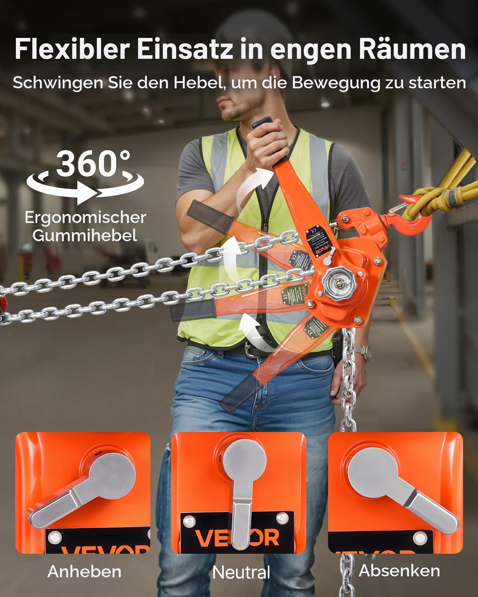 VEVOR Hebelzug, 6 T Kapazität, Handkettenzug, 6 m Hub, Hebezug G80-Legierungsstahlkette mit mechanischer Doppelsperrklinkenbremse, Ratschenzug 360° drehbare Haken, für Lagerhaus, Bau, Garage