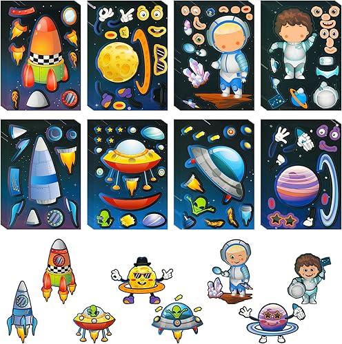 Zonon 48 hojas de calcomanías espaciales de 6.5 x 4.5 pulgadas para niños, regalos de fiesta espacial, haz una cara, haz tus propias calcomanías
