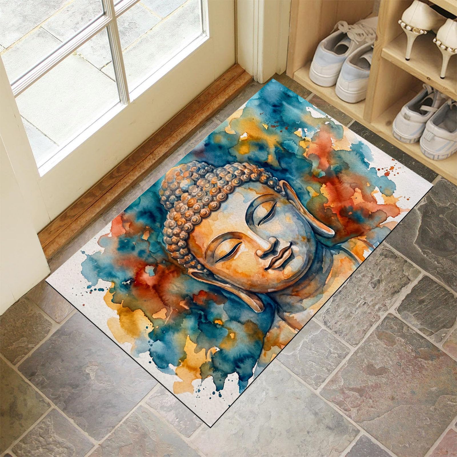 Zerbino Ingresso Interno 80X120Cm Scultura Zen Schizzi D'Inchiostro Tappeto Lavabile Antiscivolo Meditazione Tradizionale Passatoia Corridoio Sottile Zerbino Per Porta Di Casa Cucina Ufficio,Beige