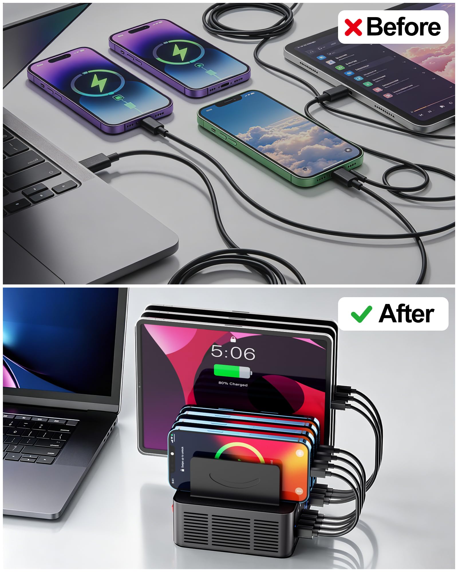 Estación de carga de 200 W/40 A para múltiples dispositivos, cargador rápido USB C de 18 puertos | Con separadores ajustables, base de carga organizadora múltiple para smartphone, iPad, Kindle, tableta y más