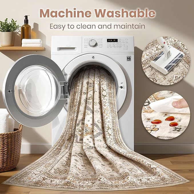 Alfombra Vintage Beige 5x7 - Lavable Antideslizante para Sala miniatura 3