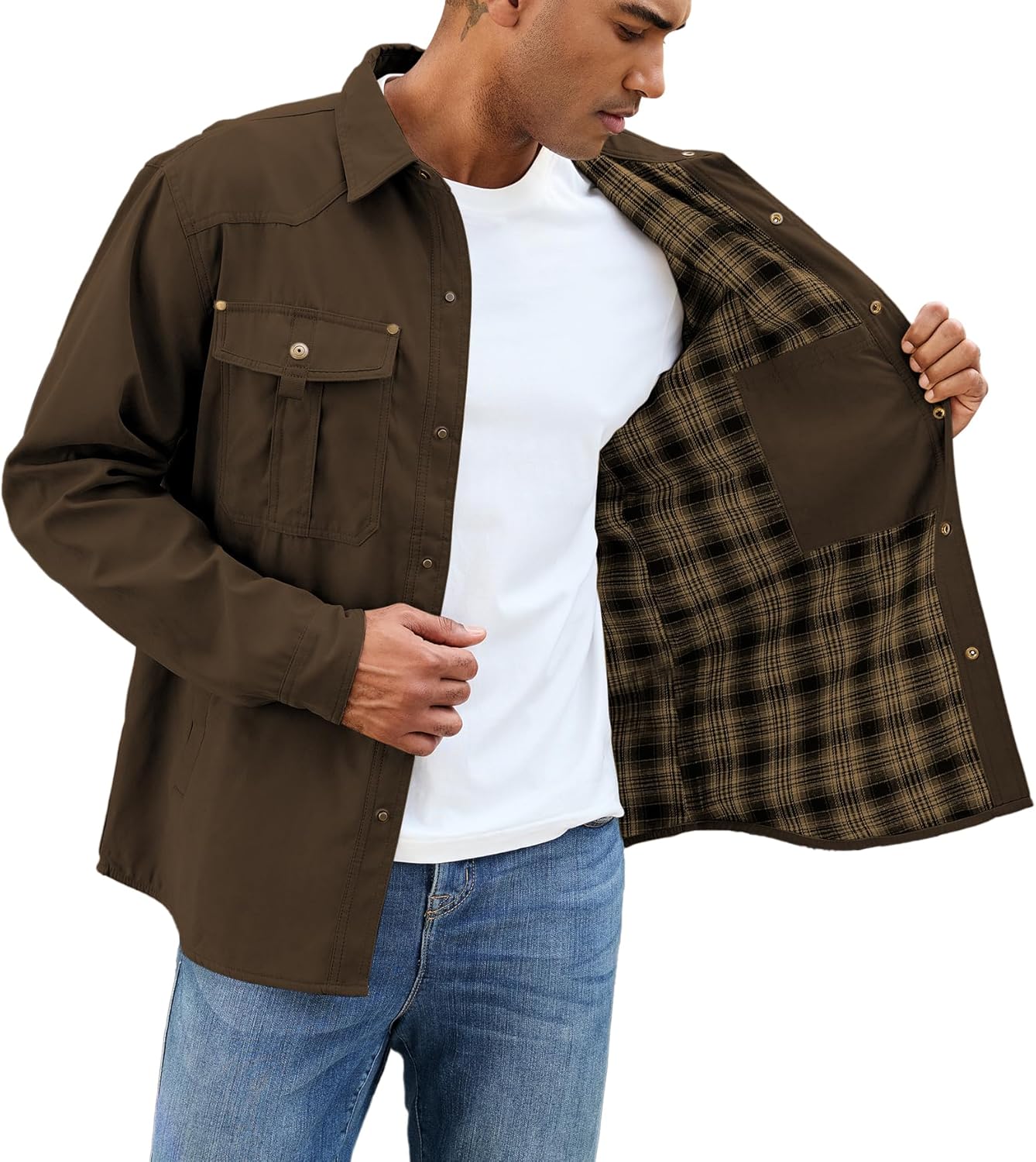 Mens Flannel Linend Shirts Jacket Lightweight Plaid Jackets Snap Button Rugged Western Winter Cowboy Shackets