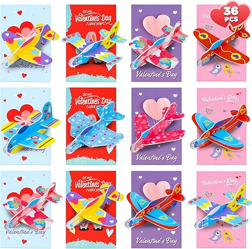 TOY Life 36 piezas de regalos del día de San Valentín para el aula de niños, tarjetas del día de San Valentín con aviones de espuma para la escuela