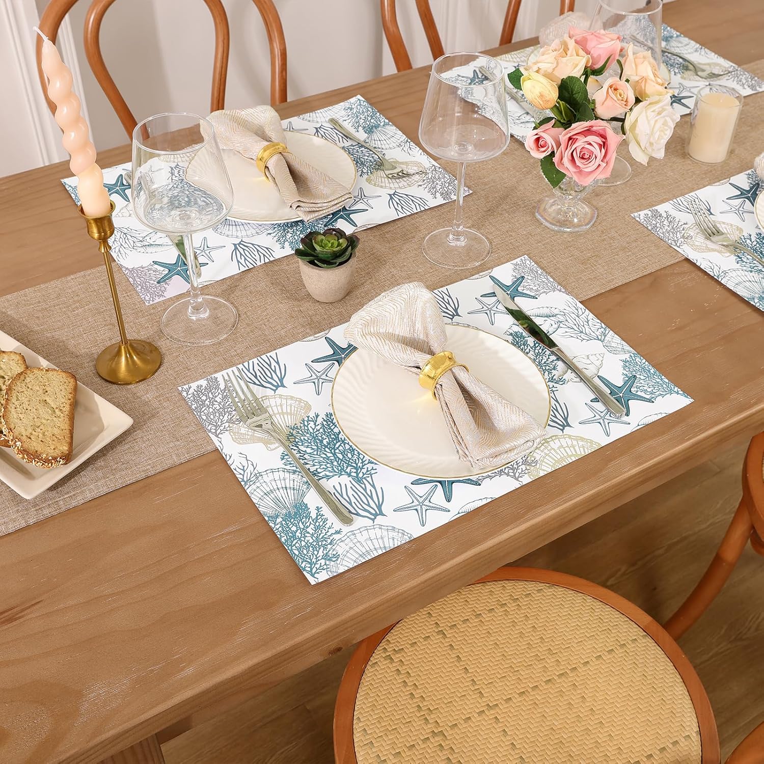 SHACOS 50 pcs Coastal Paper Placemats 11x17 inch Starfish Sea Shell Coral Disposable Paper Place Mats for Dinner Wedding Birthday Party Beach Ocean Nautical Table Decoration (Pack of 2)