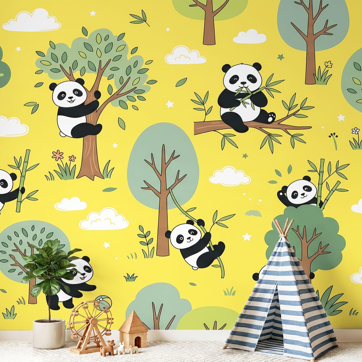 Tapeta 3D, kreskówka, zwierzę, 315 x 215 cm, mural, panda, drzewo, chmura, tapeta mural do sypialni, przedszkola, malowniczego ogrodu