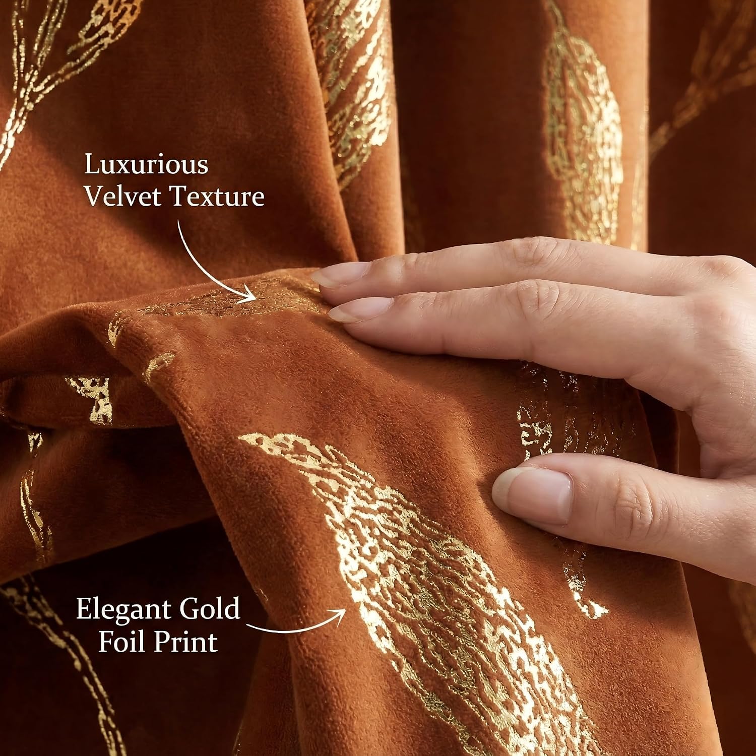 NICETOWN Burnt Orange Velvet Curtains 96" Long with Gold Foil Leaf Print – Mid-Century Modern Terracotta Drapes for Living Room, Luxury Vintage Rust Window Treatments for Holiday Decor, 2 Panels