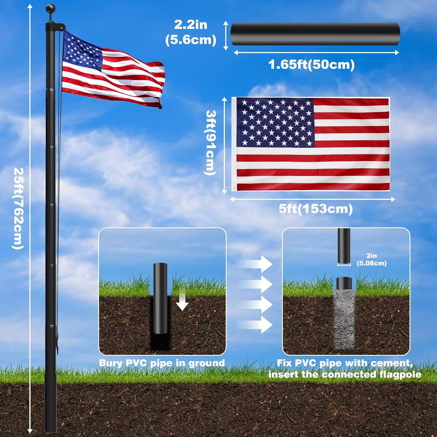 Heavy Duty Flag Pole, 25FT 12 Gauge Extra Thick Aluminum Flagpole Kit, 100MPH Wind Tested, Includes 3x5 American Flag, for Outside House In Ground - Image 4