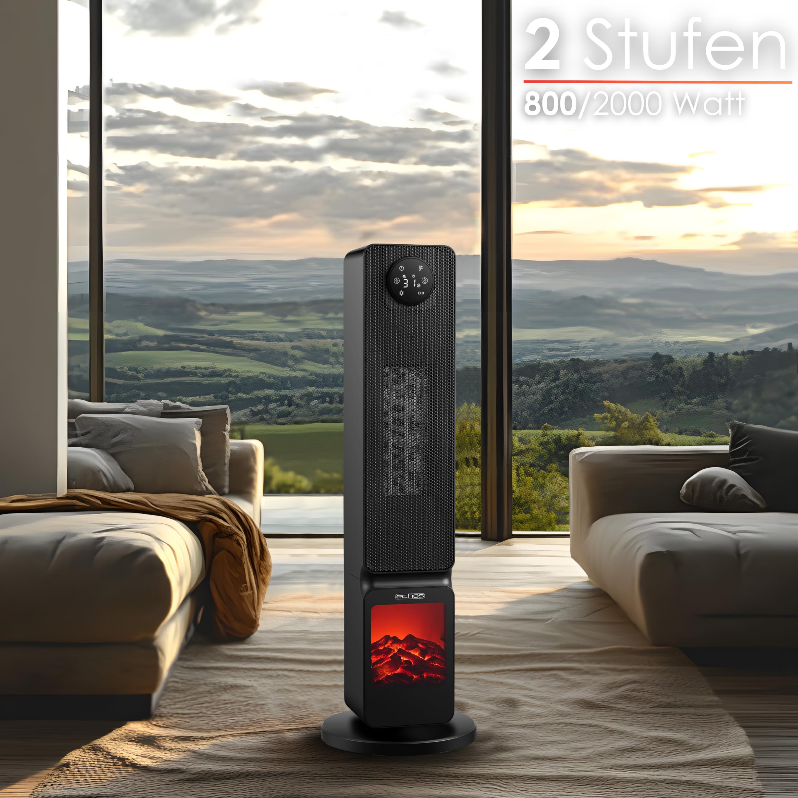 Calefactor con ilusión de chimenea, ahorro de energía, oscilante, protección contra sobrecalentamiento, 2000 W, 2 niveles, controlable mediante smartphone con aplicación Tuya, calefactor silencioso