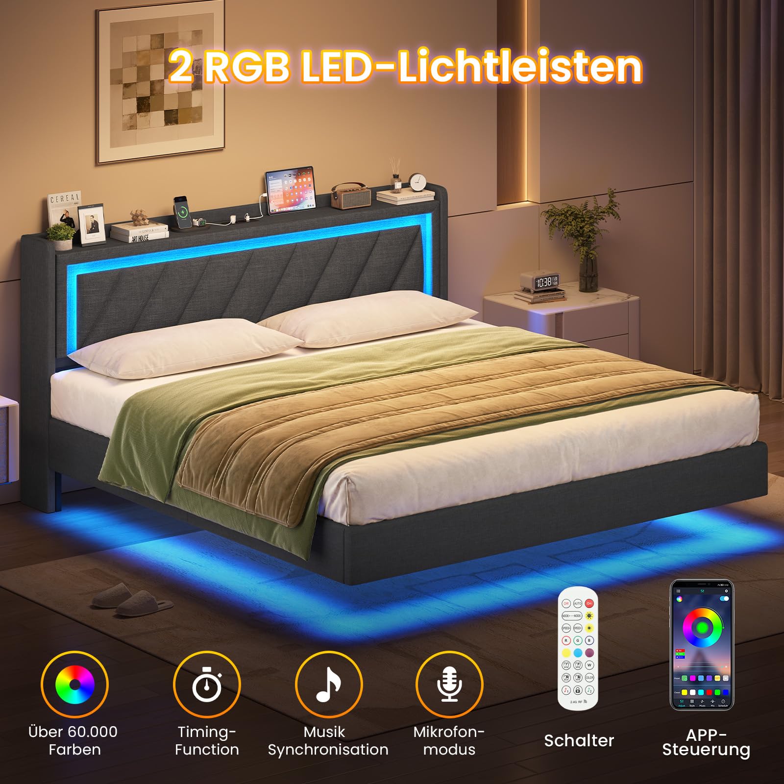 KIMENICH Polsterbett 180x200 cm,Schwebebett mit LED-Beleuchtung und Ladestation,Bett 180x200 mit Stauraum,Doppelbett mit Lattenrost,Bettgestell mit Kopfteil,Grau