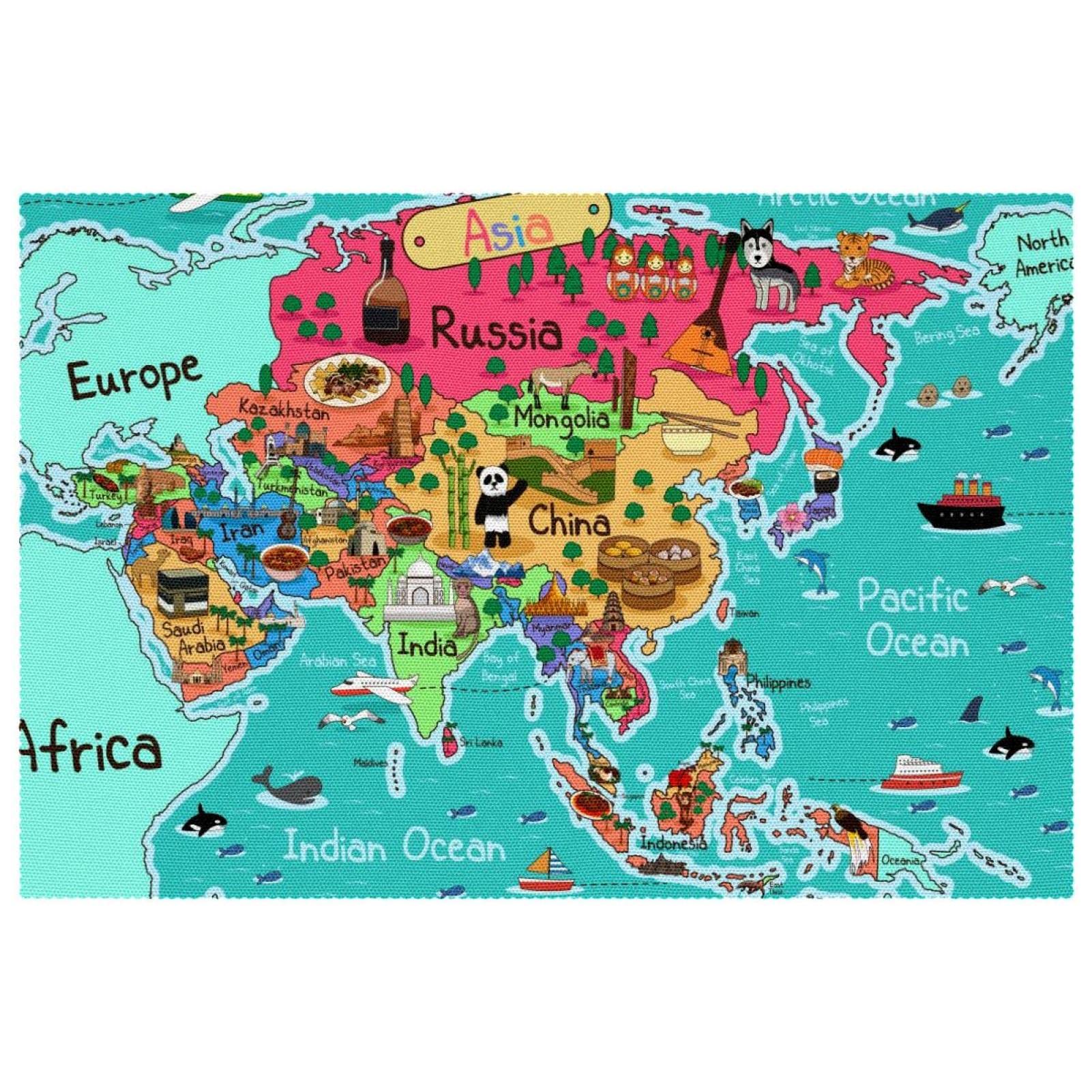Set de table motif carte de l'Asie antidérapant et résistant pour repas en famille