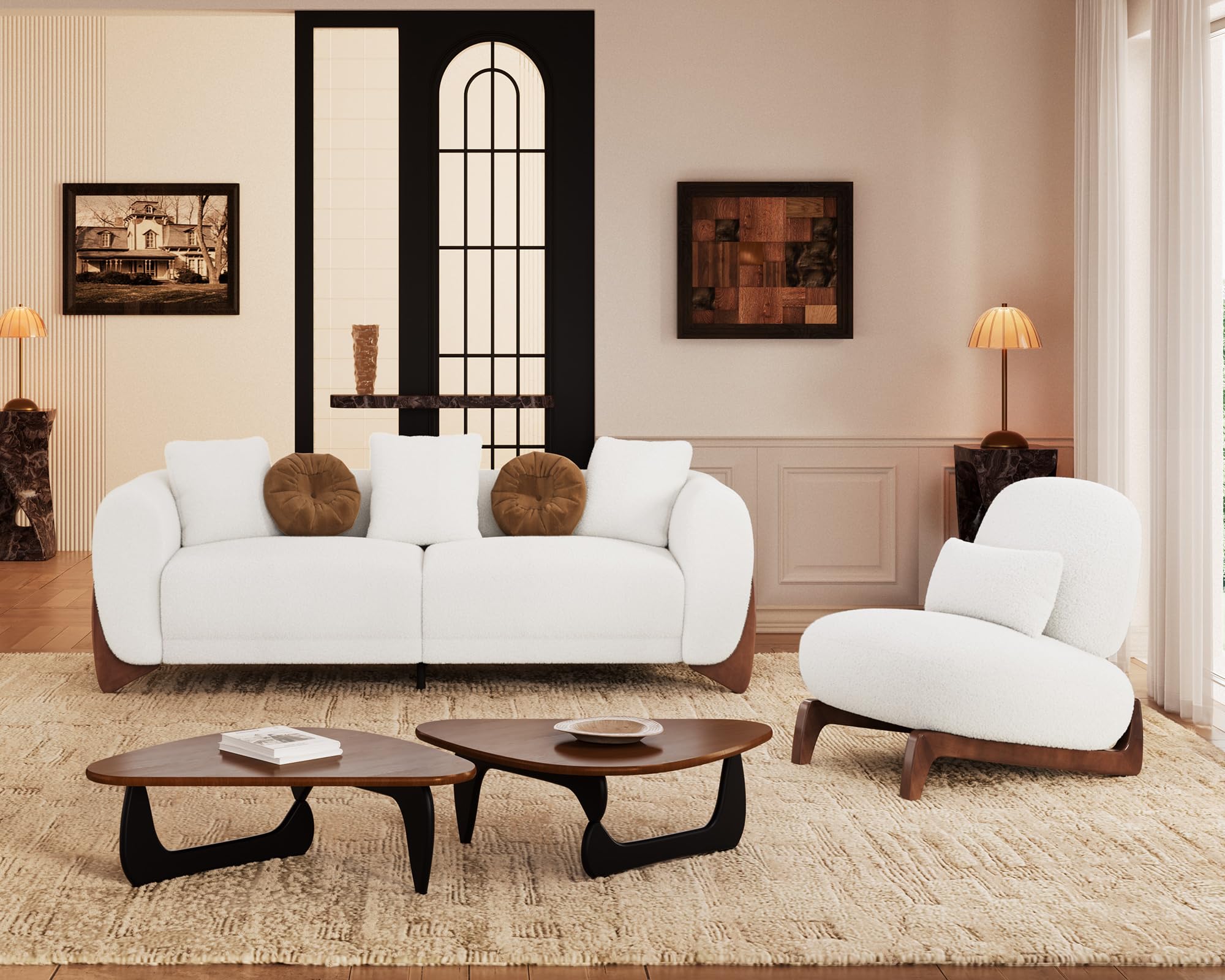 Morden Fort 2 Piece Cloud Couch Set, Modern Sherpa Boucle Sofa Set with Wood Legs, Skin-Friendly Minimalist Upholstered Comfy Couch Sofas for Living