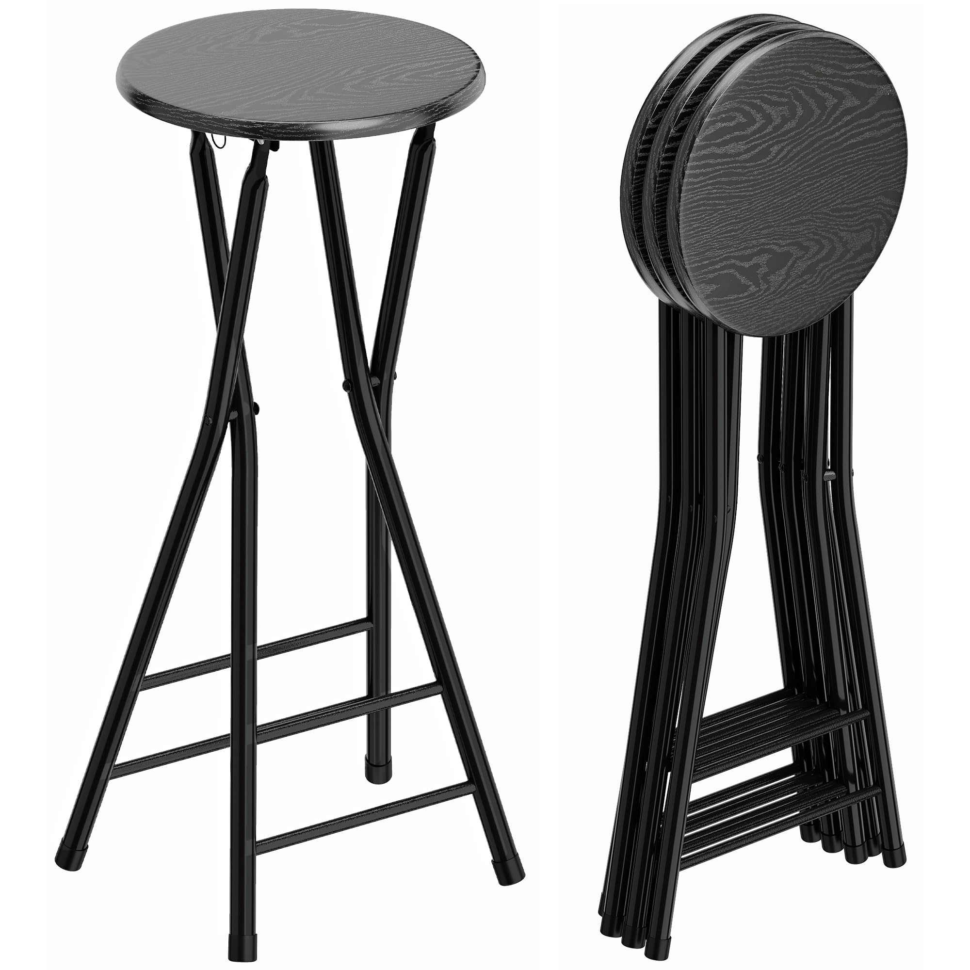 HOMCOM Set 4 Sgabelli Bar Pieghevoli, Sgabelli Cucina Alti Rotondi con 2 Poggiapiedi, Struttura in Legno e Acciaio, Sedie Bar Alte, per Penisola, Nero