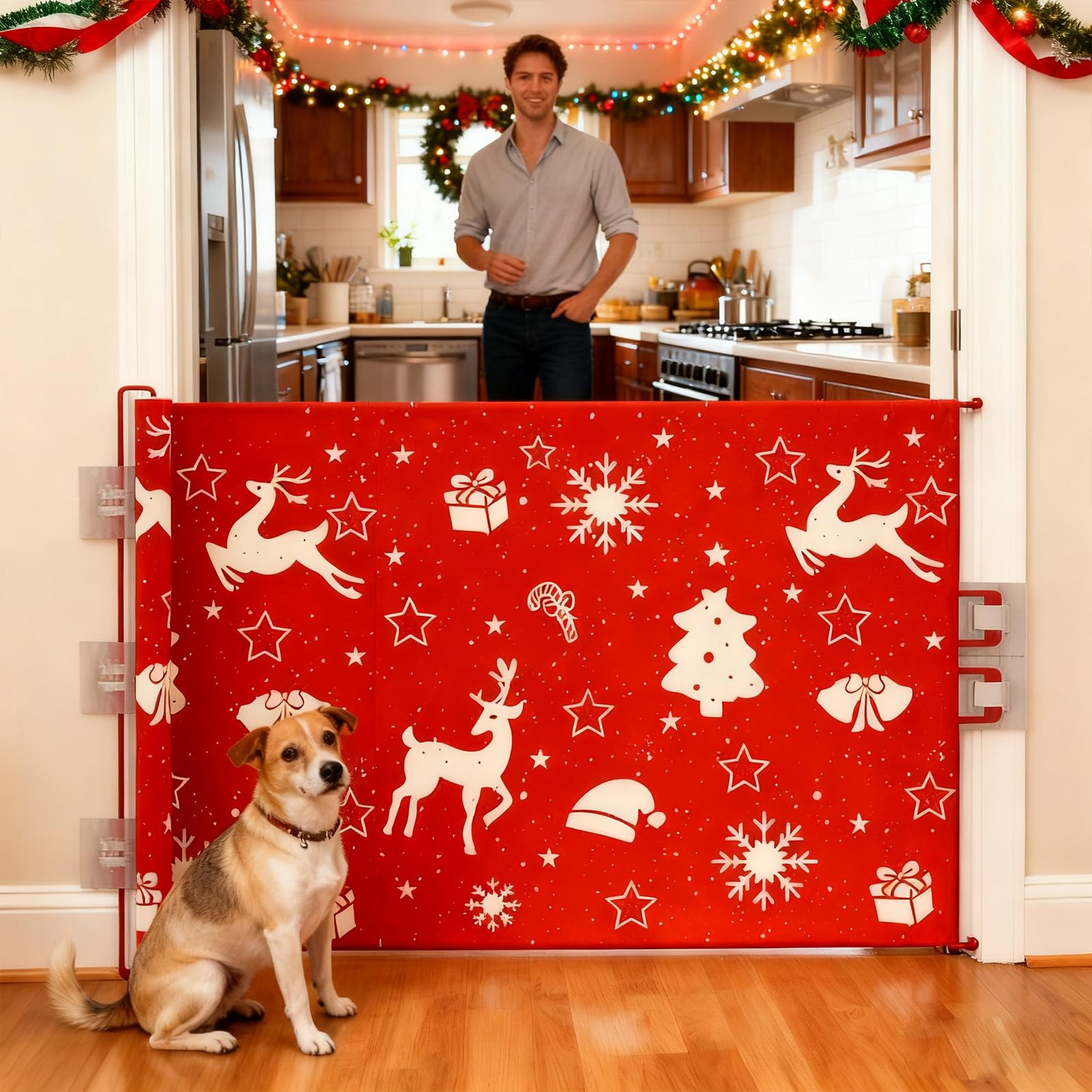 Rejilla para perros extensible, segura para niños, decoración navideña | Puerta de rejilla para gatos, armario interior para dormitorio, cocina, apartamento, exterior, pasillo, terraza, balcón