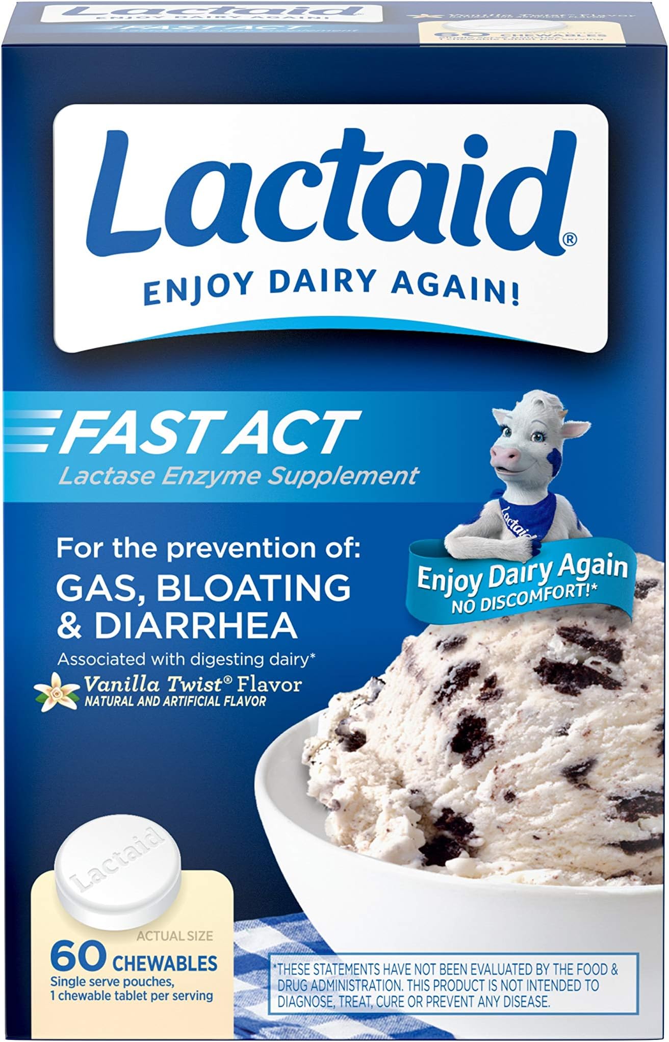 Fast Act Lactose Intolerance Relief Chewables With Natural Lactase Enzyme To Prevent Gas, Bloating & Diarrhea Due To Lactose Sensitivity, On-The-Go, Vanilla Twist Flavor, 60 X 1 Ct (Pack Of 4)