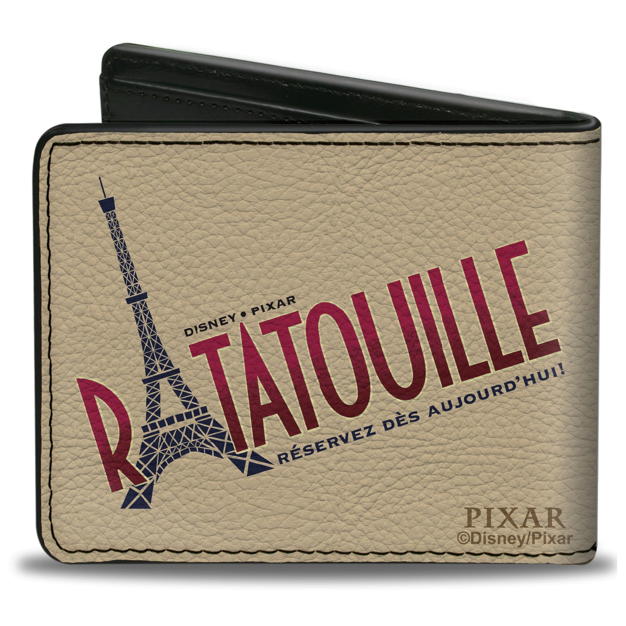 Buckle-Down Men's Standard Disney Wallet, Bifold, Ratatouille Remy Eating Pose and Paris Logo Beige Reds Blues, Vegan Leather, 4.0