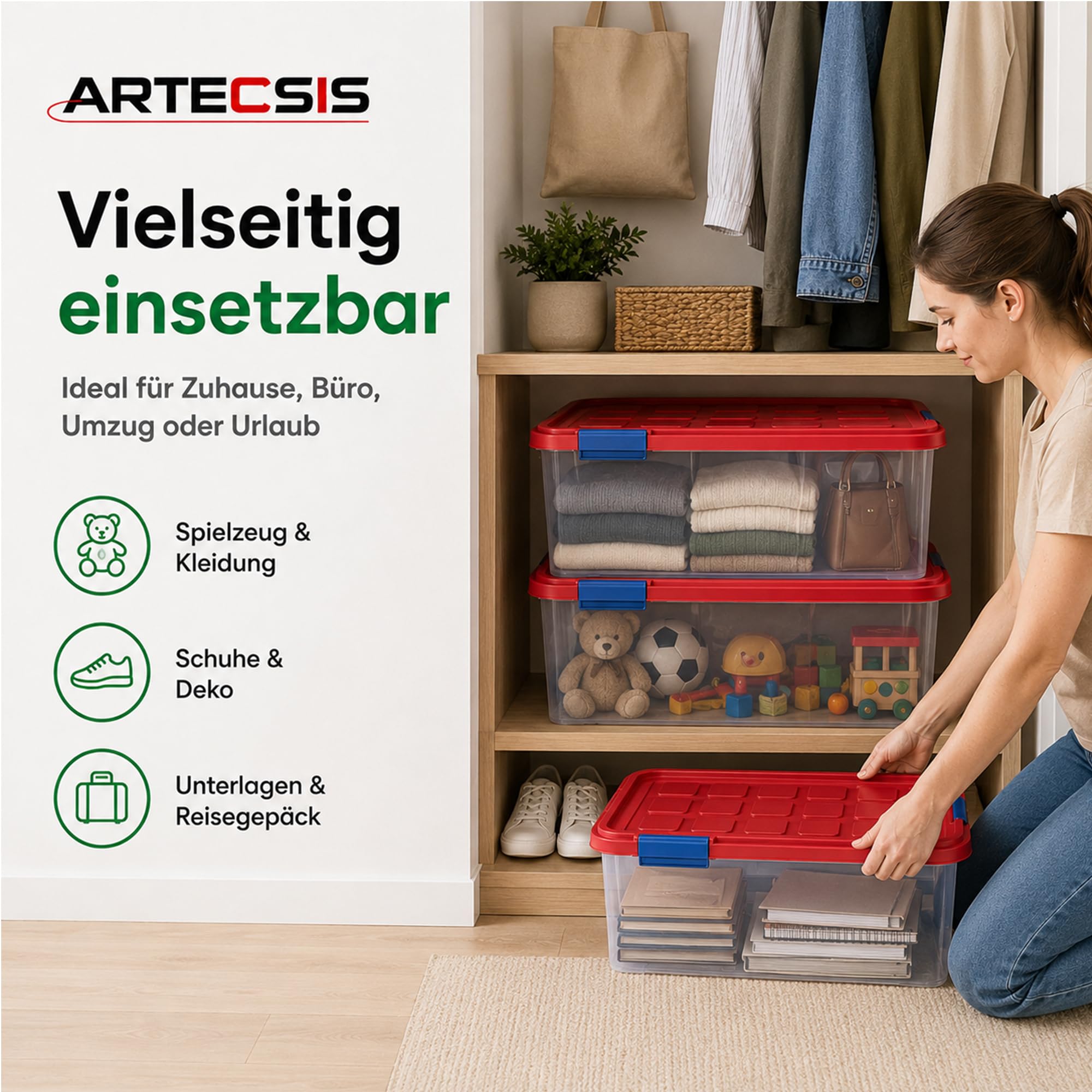ARTECSIS 4 x Aufbewahrungsboxen aus Plastik M, 15L - 40 x 29 x 21 cm, aufbewahrungsbox mit Deckel, Eurobox, stapelbar