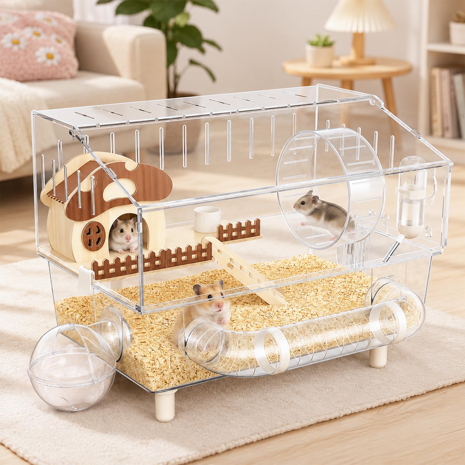 Grande cage à hamster en acrylique avec accessoires, habitat pour hamster à 2 couches avec roue d'exercice, tunnel et plate-forme, cage à souris transparente pour hamsters nains, gerbilles et petits