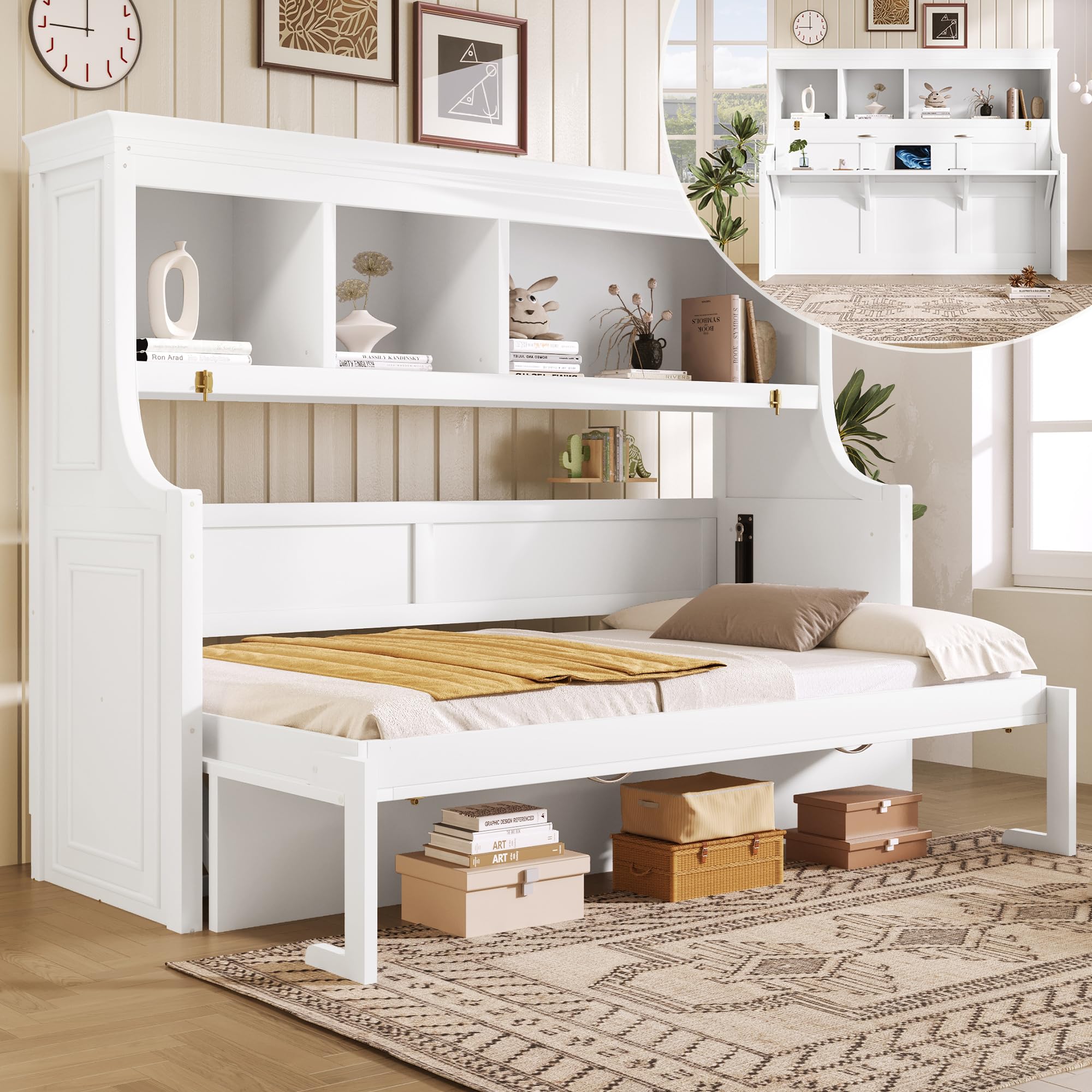 MERITLINE Twin Murphy Bed with Desk and Shelves dimensions diagram