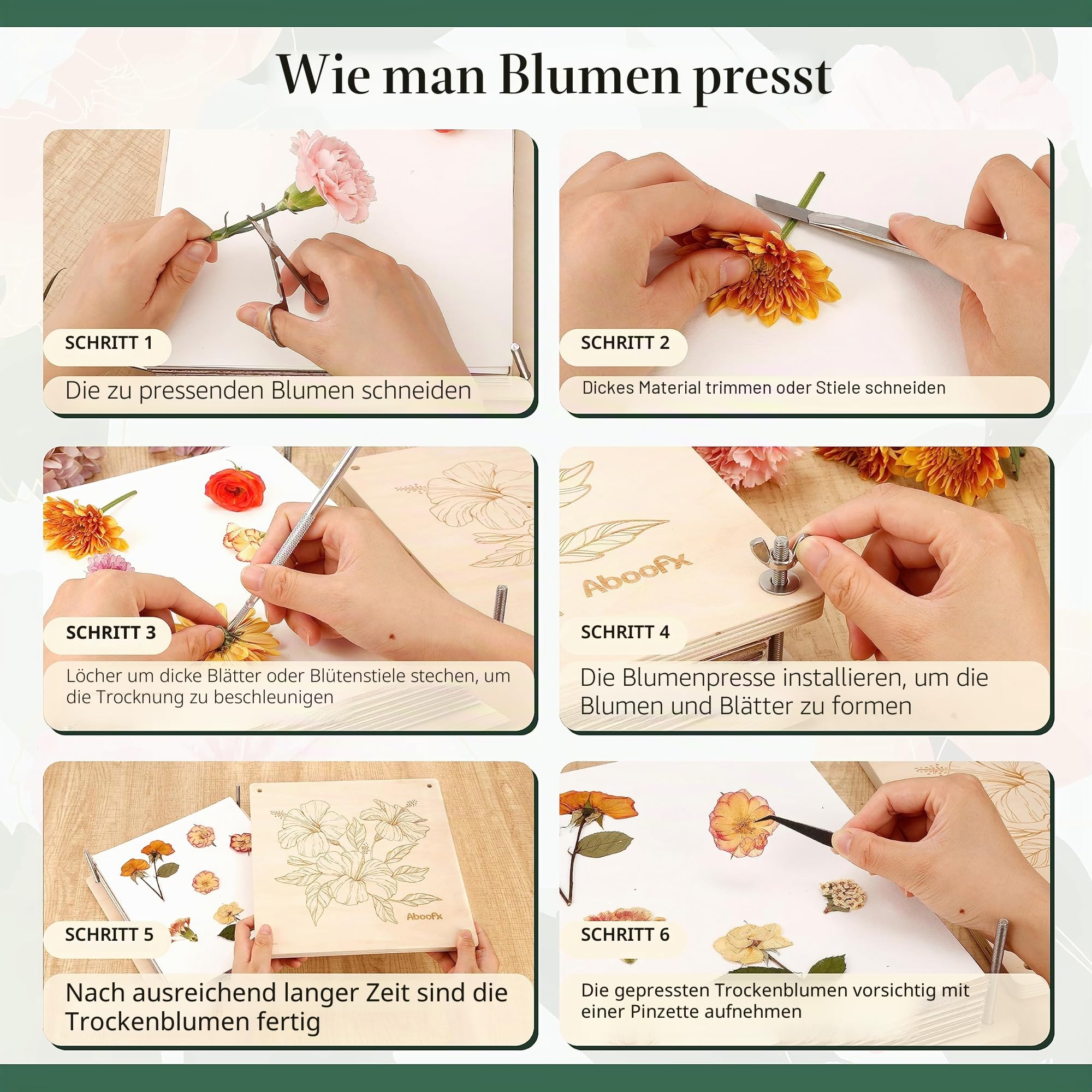 Aboofx Blumenpresse Groß aus Holz, 28x28 cm 10 Lagen – Pflanzenpresse Set mit Tasche, DIY Pressblumen Kit für Blumen Floristik Herbarium & Basteln, Blattpresse&Blumenpresse für Erwachsene&Floristen