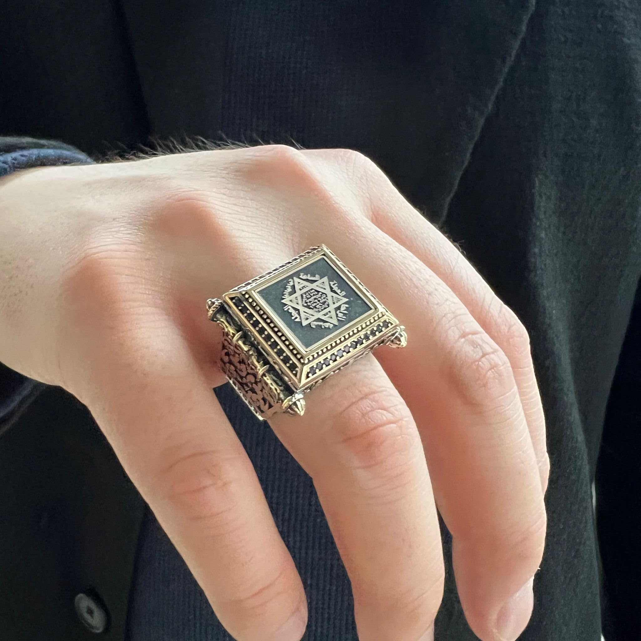 Anillo de plata de ley 925 maciza con sello rectangular de Salomón para hombre con lados de piedra de circonita turca hecha a mano joyería de plata regalo para él