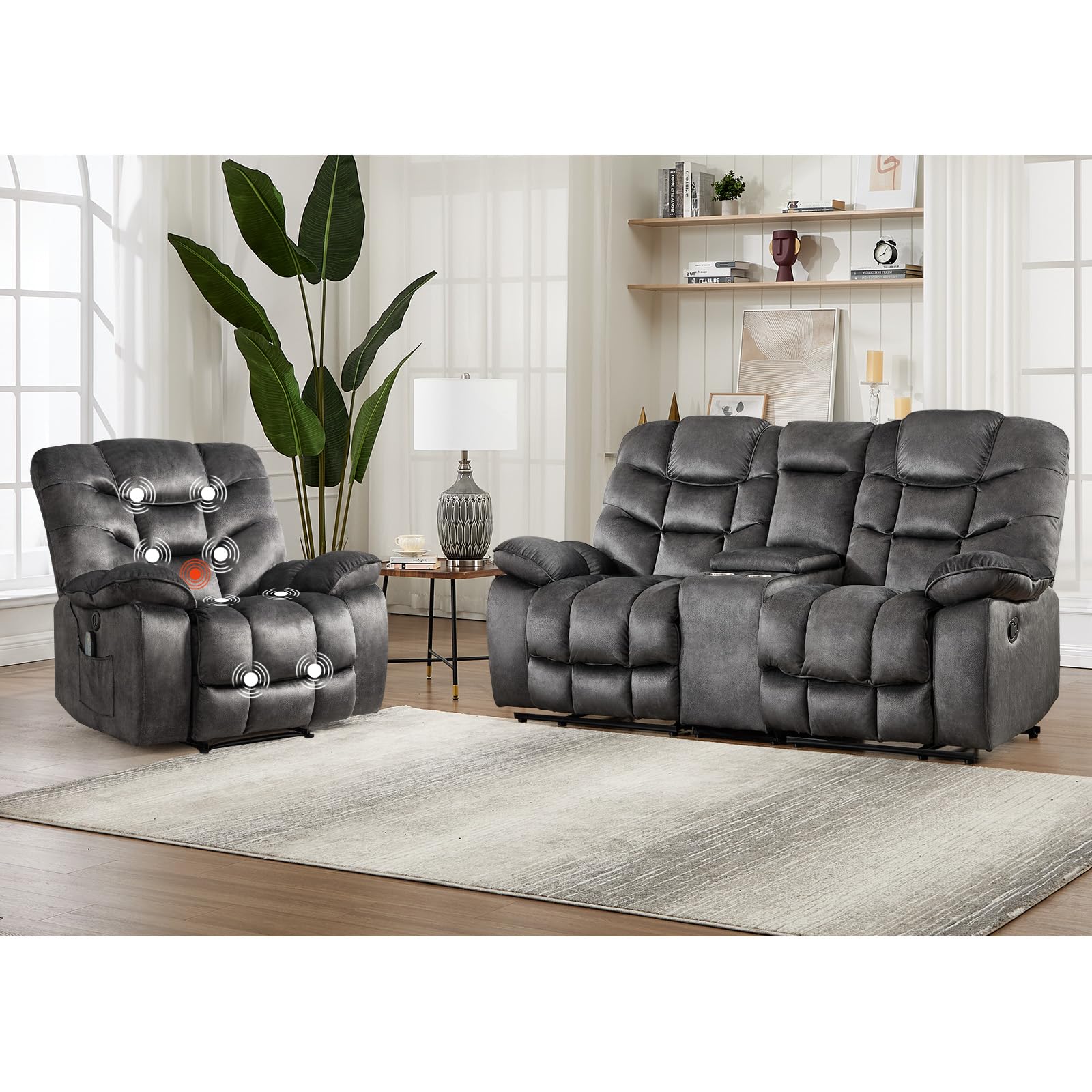 HAOMARKETS 2-Piece Recliner Sofa Set, Include Single Power Recliner Chair with Massage &amp; Heat and Manual 2-Seater Loveseat Reclining Couch with Hidden Storage and Cup Holders for Living Room, Grey