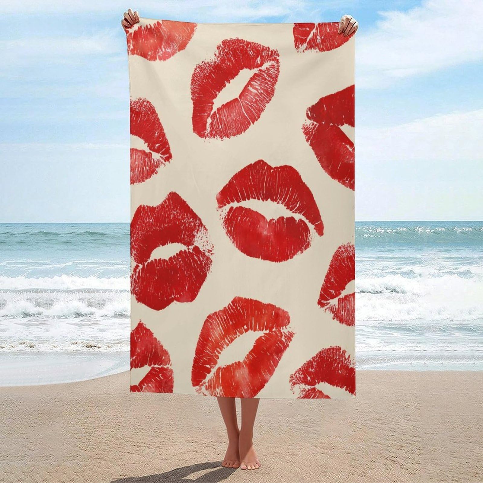 LSRCPD Red Lipstick Kiss Marks on Cream Beach Towel Sand Free Microfiber Large Shower Towels Multipurpose Absorbent for Bathroom Pool 130x80 CM
