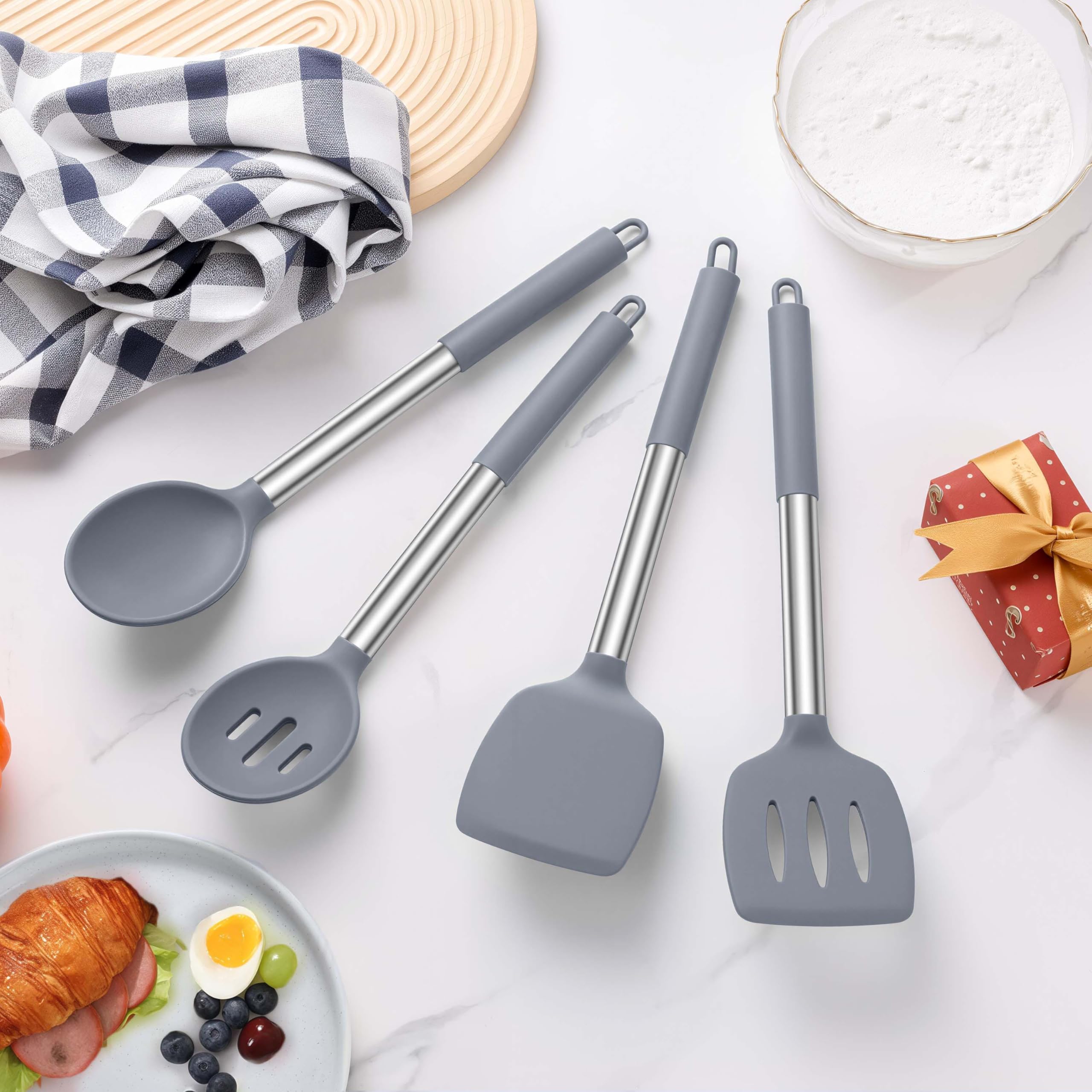 LIANYU Juego de utensilios de cocina de silicona, 6 piezas, resistentes al calor, mango de acero inoxidable antiadherente, herramientas de espátula, apto para lavavajillas, color gris