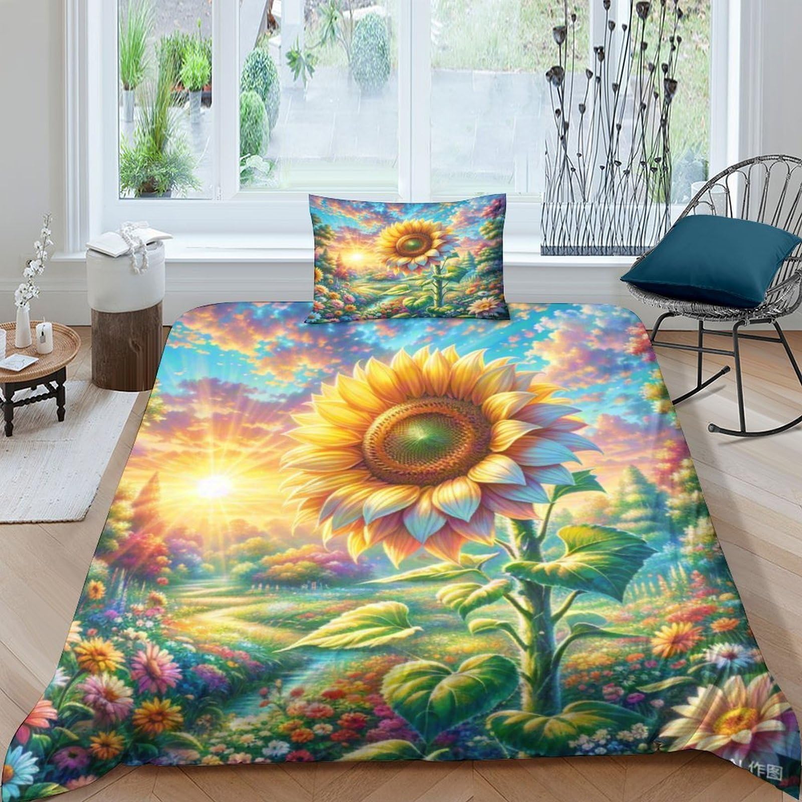 Housse de couette tournesol à fermeture éclair cachée pour lit enfant facile à border