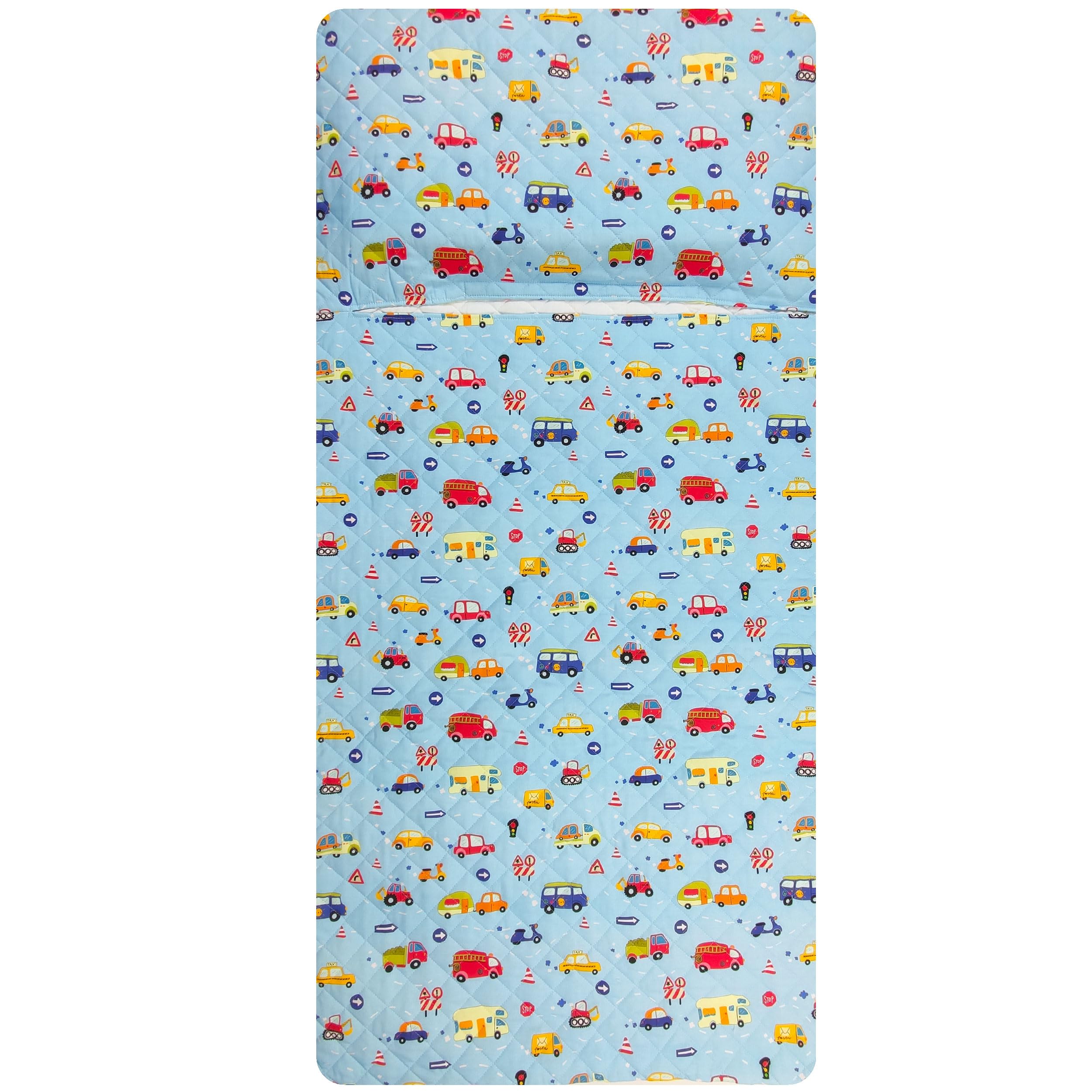 Panini Tessuti Ensemble de puériculture, Sac de Couchage et Pochette pour bébés de 2 à 6 Ans - Tissu matelassé 100% Coton - Made in Italy (Voitures Bleues Ensemble de puériculture)
