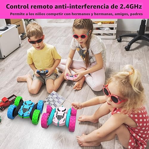 Miniatura 5 de Coche de control remoto rosa para niñas, auto de acrobacias giratorio de 360° con faros LED, vehículo eléctrico recargable de juguete 4WD, regalo