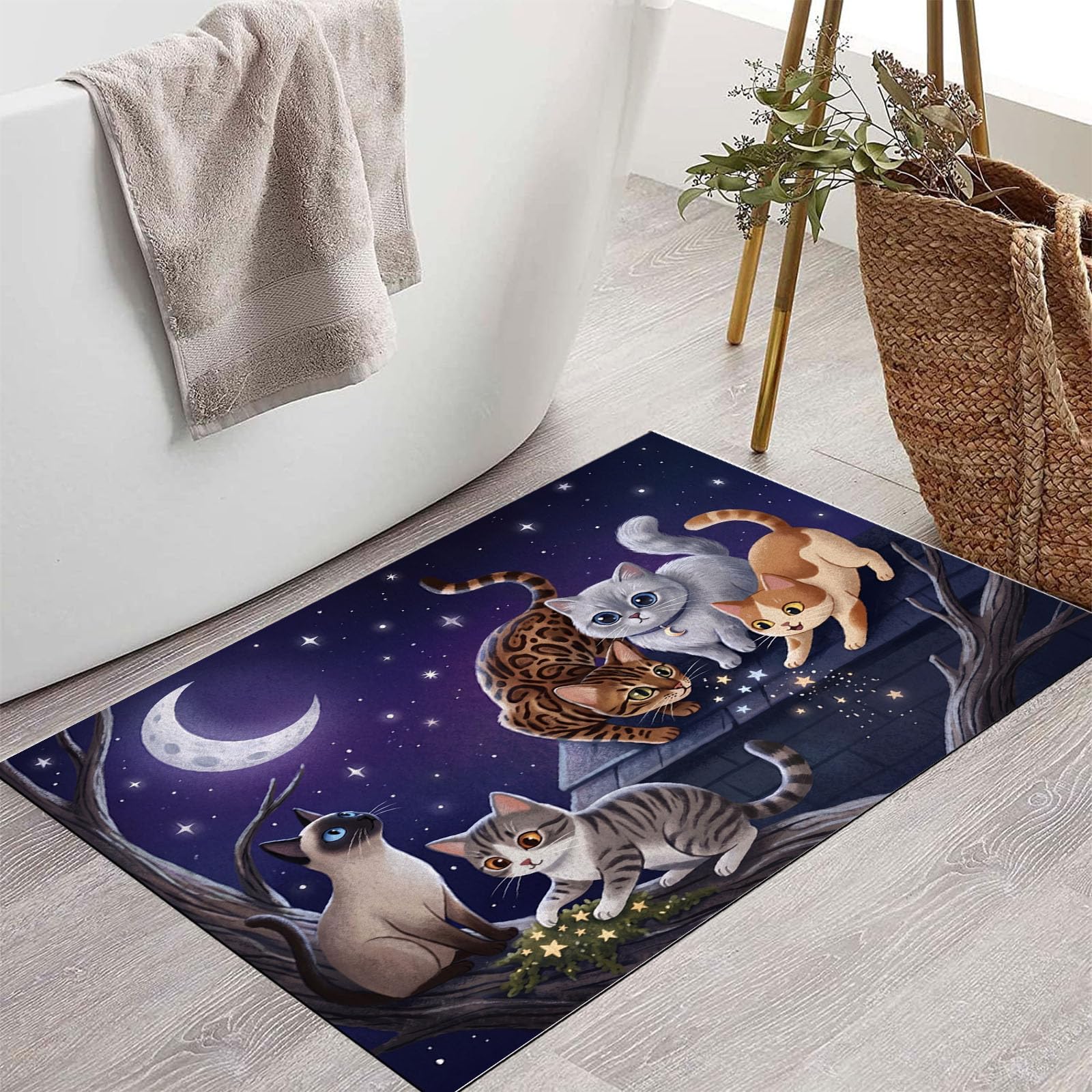 90X150Cm Zerbino Ingresso Interno Antiscivolo Assorbente, Tappeto Microfibra Sottile Lavabile Con Animali Sognanti Nel Cielo Stellato Gatti Carini Che Giocano Per Cucina Bagno Porta Animali, Viola