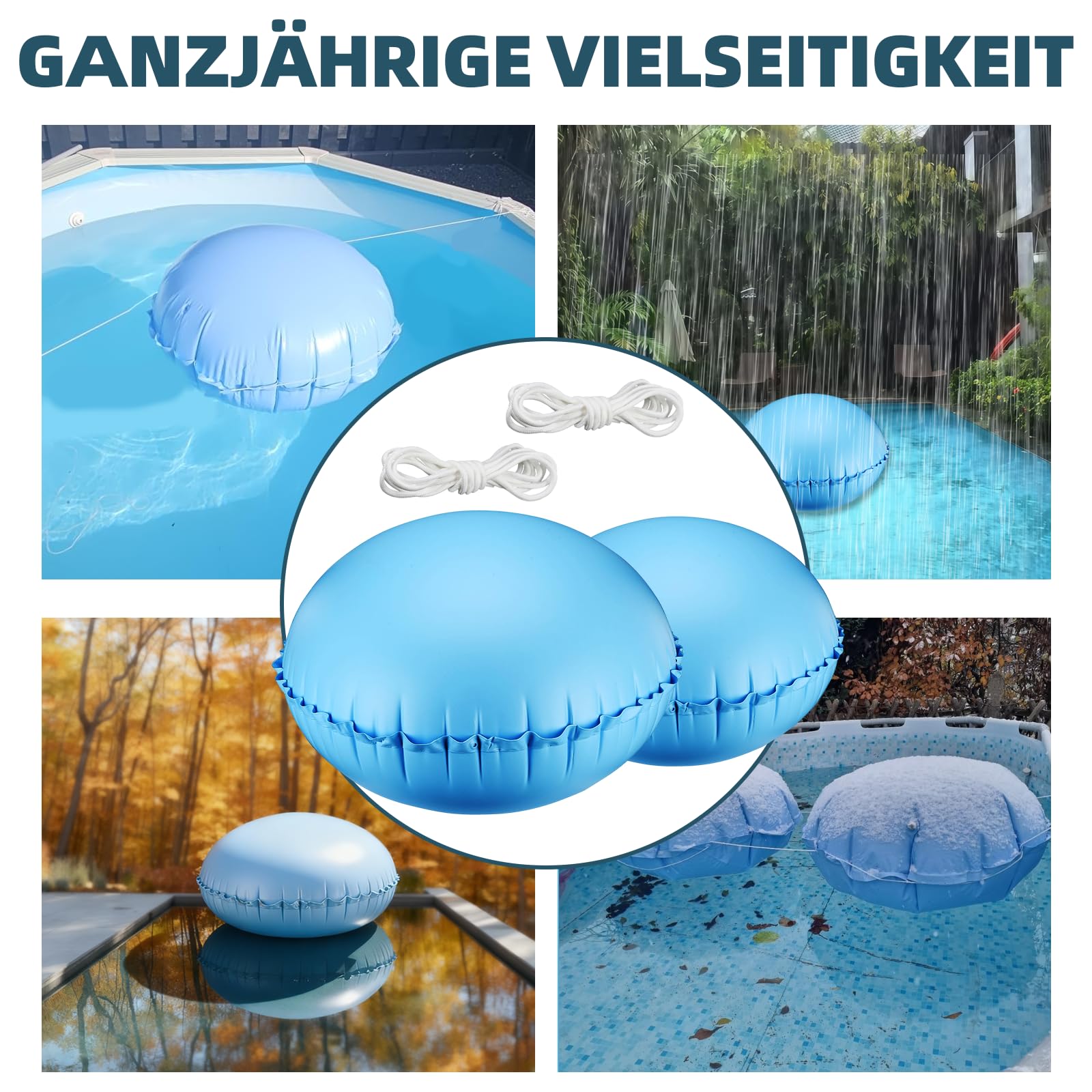2 Stück runde aufblasbare Pool Winterkissen Ø1.2 m, Luftkissen Pool Winter für Poolabdeckung mit 15m Seil, Zubehör für Winter und schlechtes Wetter