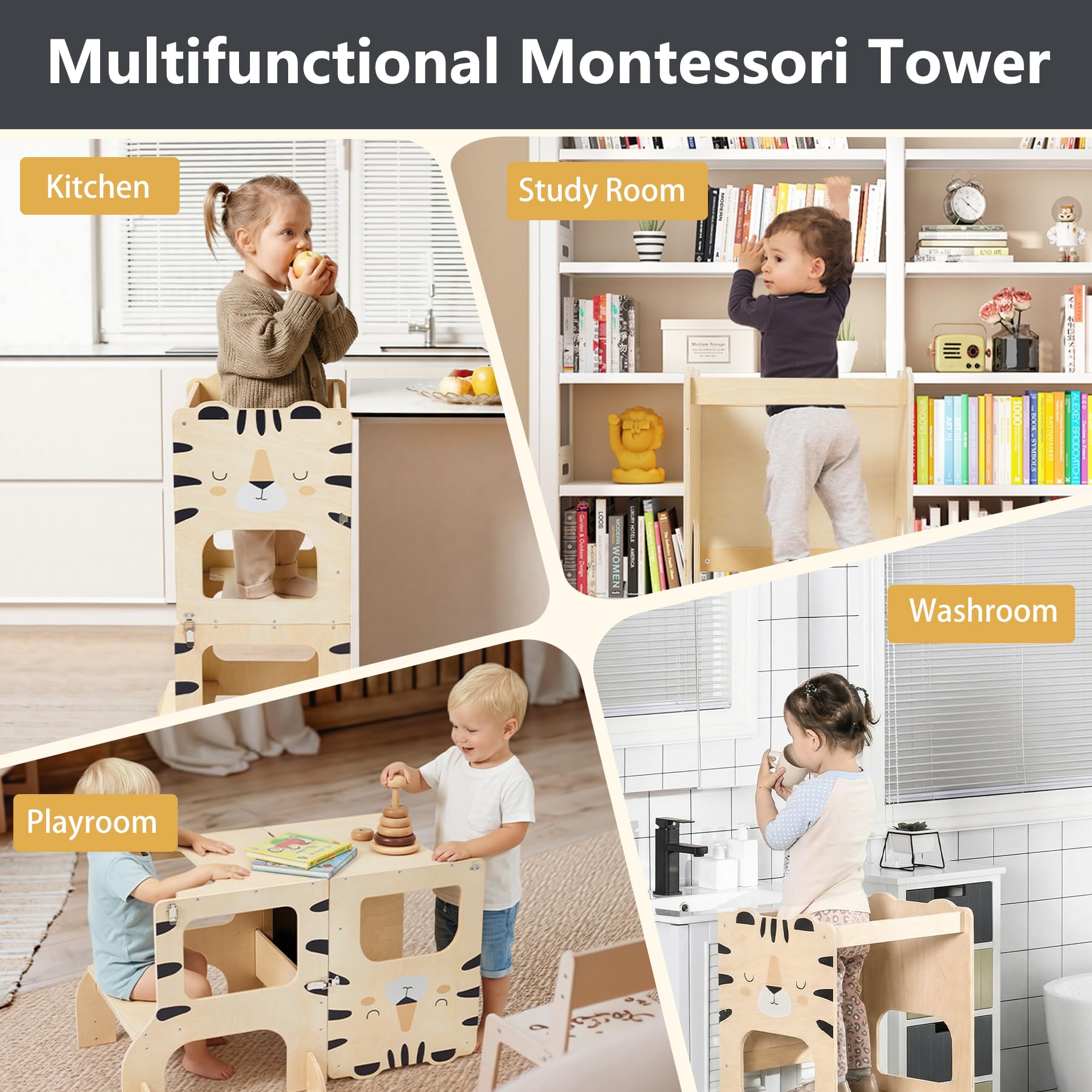 Torre da cucina per bambini, torre di apprendimento in piedi, 2 in 1, sgabello da cucina in legno nero con lavagna Montessori e Waldorf Helper per bambini in cucina