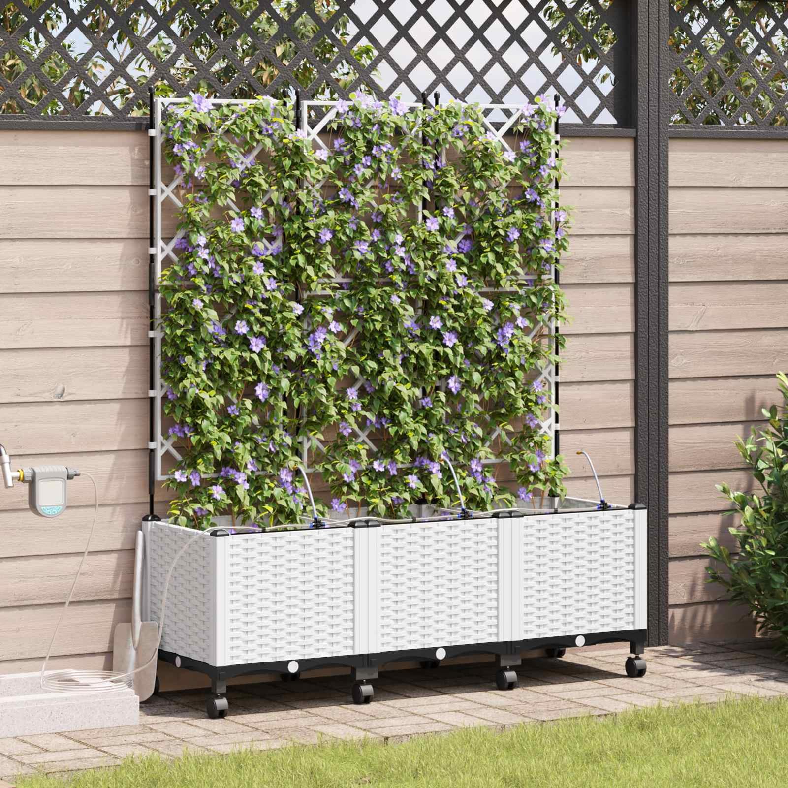 Gecheer Blumenkübel mit Bewässerungssystem und Rollen, Pflanzkübel aus Kunststoff mit Wasserreservoir für optimale Pflanzenpflege, 3 Stück Weiß, for Balkon Terrasse Garten und Outdoor Dekoration