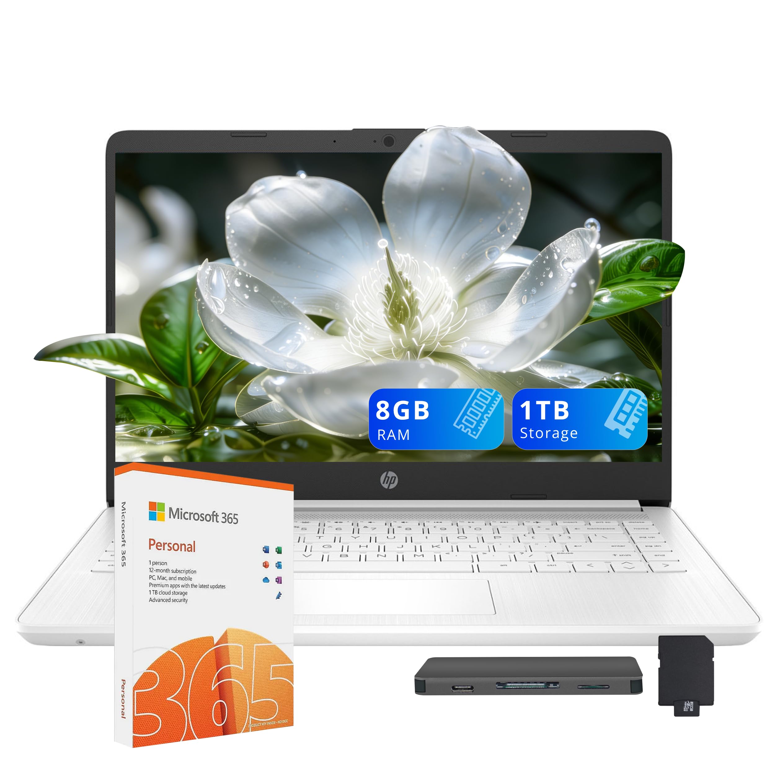 HP Stream 14″ HD Busines Laptops, Intel Celeron Processor, 8GB RAM, 1TB Storage (64GB eMMC + 1TB Docking Station Set), Intel UHD Graphics, 720p Webcam, WiFi, HDMI, Win 11, White
