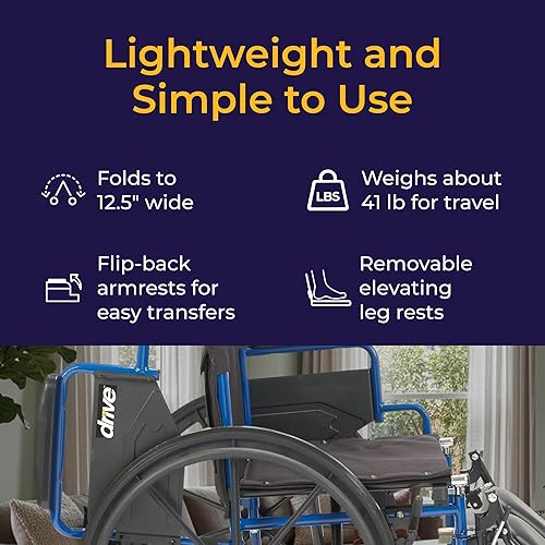Miniatura 6 de Silla de ruedas azul con brazos desmontables de escritorio y apoyos para descansar la pierna elevados, de Drive Medical , BLS18FBD-ELR, Azul, 1, 1