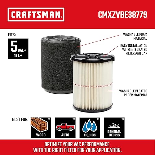 Miniatura 2 de CRAFTSMAN CMXZVBE38779 Filtros de vacío de repuesto para aspiradora de uso general y aplicación húmeda, para la mayoría de aspiradoras CRAFTSMAN