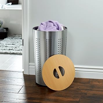 Household Essentials Round Metal Laundry Hamper with Engineered Wooden Lid, Removable Liner, and Ventilated Siding, Brushed Stainless Finish