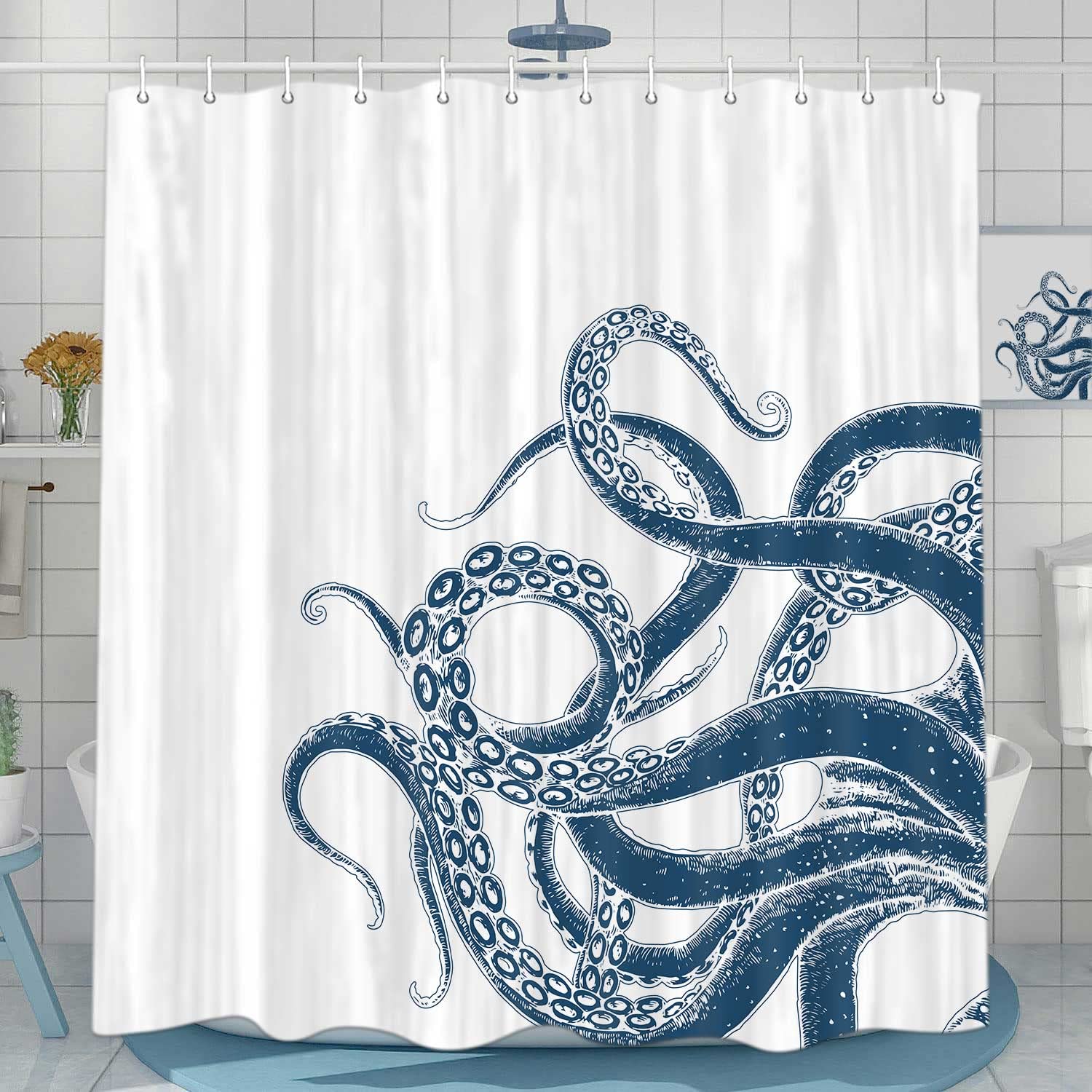 Octopus Duschvorhang – 183x183 Cm, Blaues Kraken-Motiv Mit 12 Haken, Aus Polyester