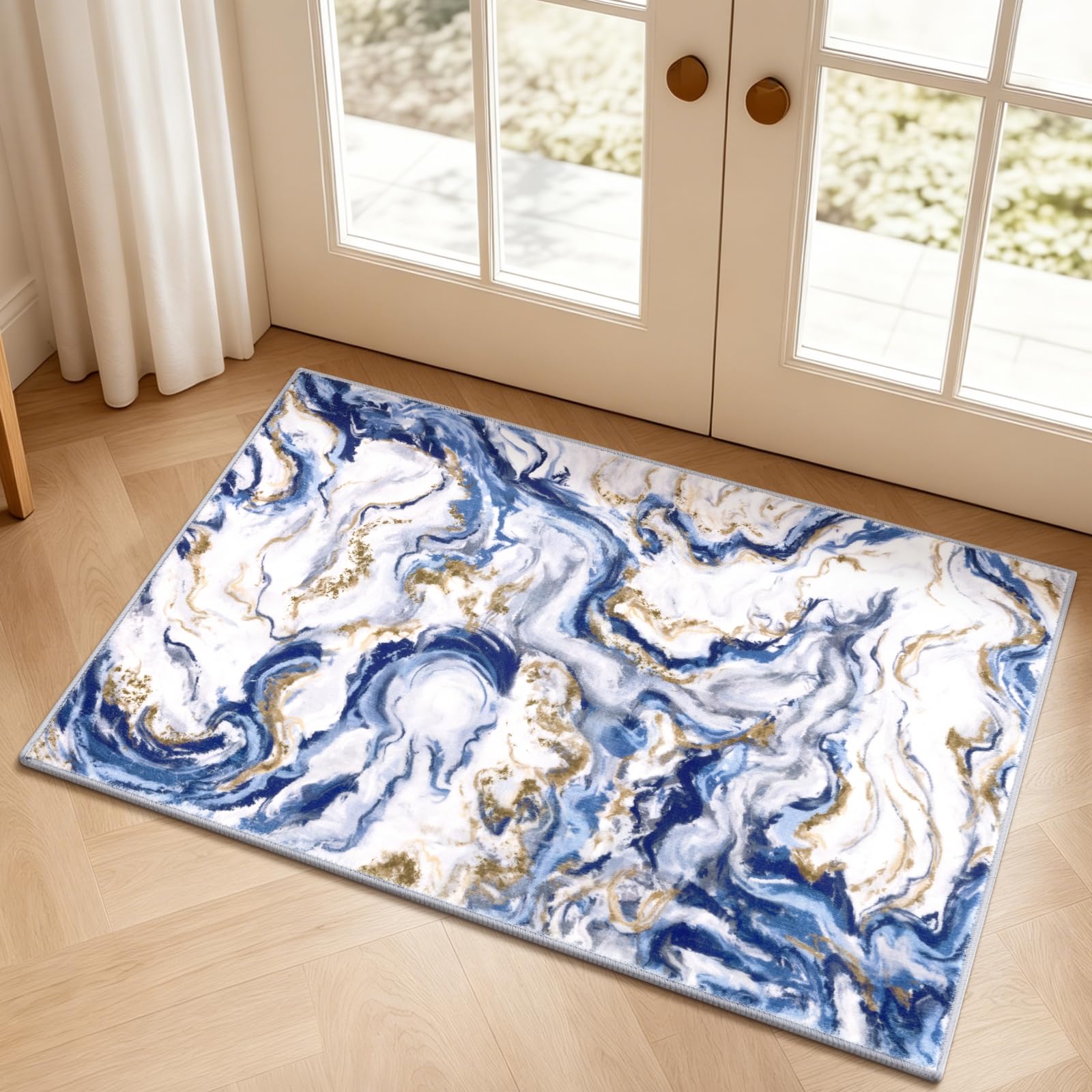 Yamaziot 2x3 Washable Modern Abstract Area Rug Non-Slip Entryway Rug | Stain Resistant Kitchen Rug with Rubber Backing, Low Pile, Ultra Soft Carpet Runner for Bedroom, Laundry, Entrance,Blue