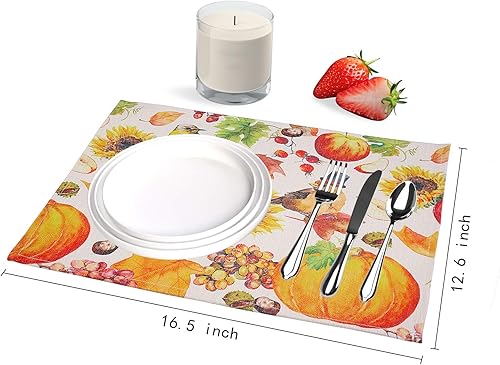 Miniatura 2 de Juego de 6 manteles individuales para mesa de comedor, hojas de arce de otoño, calabaza, girasoles, pájaros, juego de 6 manteles individuales para
