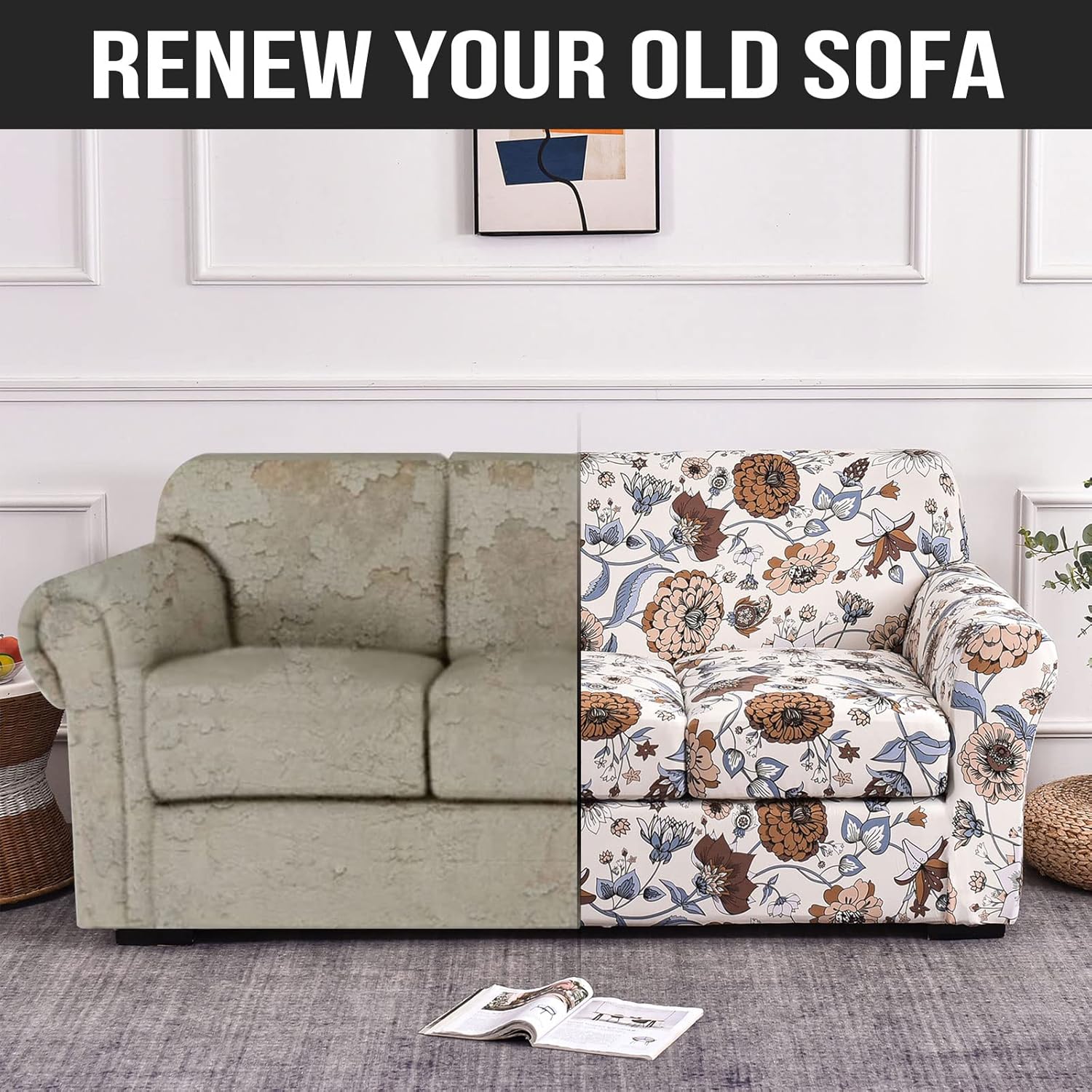 JIAN YA NA 4 Piece Stretch Sofa Slipcover for 3 Cushion Couch, Floral Printed Couch Cover with Individual Cushion Covers, Elastic Soft Sofa Cover Furniture Protector for Living Room (Large, Flower-B)