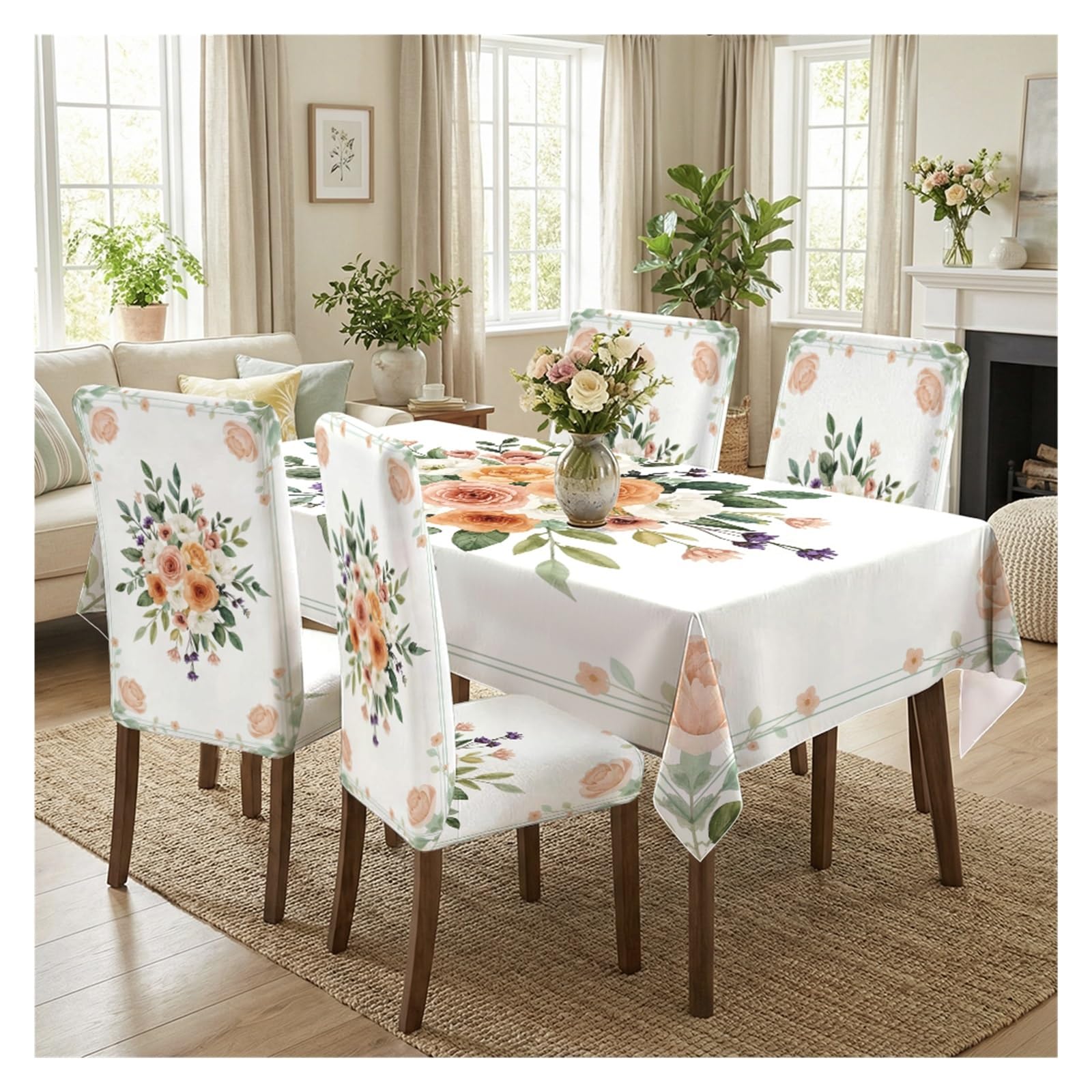 BOSUYBN Stretch Dining Chair Slipcovers And Tablecloth Set, Peach Orange Bouquet Floral Print, 5/7 Pack For Dining Room Cottage Home Decor Table Setting(5pcs Set: Tablecloth+Chair Covers)