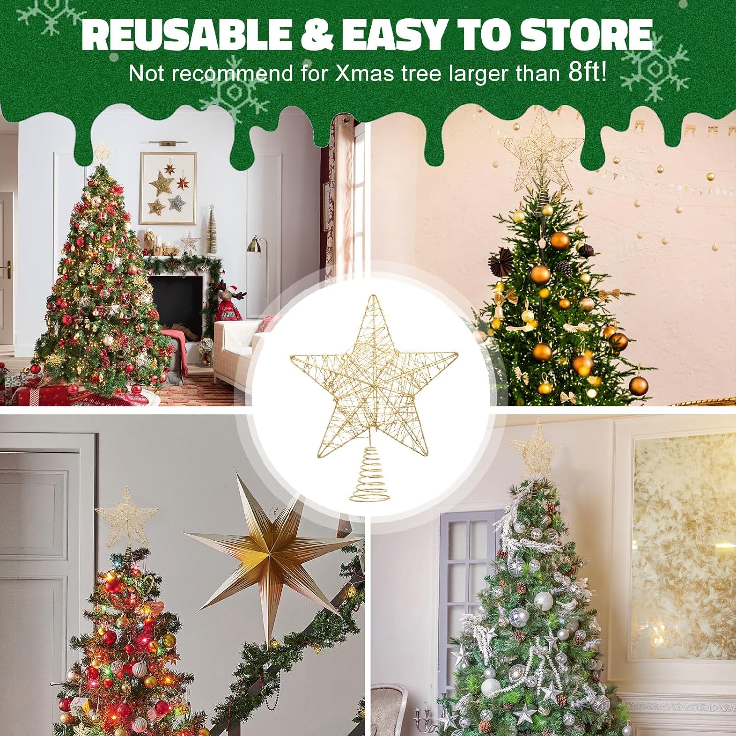 Christmas Tree Topper Kit - 9 Inch Star Tree Topper with 44-Inch Adjustable Pole, Support Base, and 8 Fixing Ties for Secure Decoration, Metal Idea for Holiday Ornament or Home Decor - Image 9