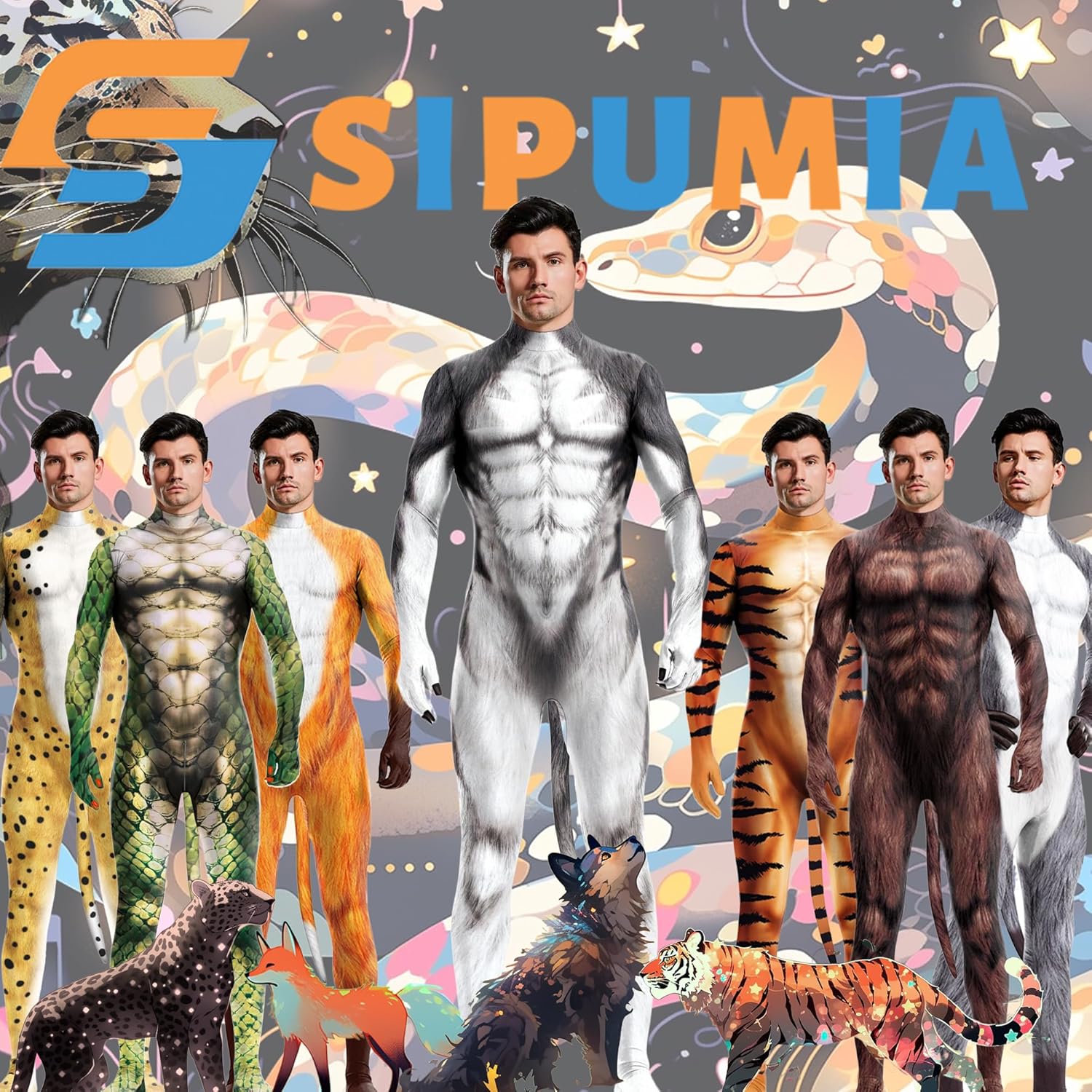 Men's Halloween Bodysuit Muscle Animal Printed Cosplay Skinny Catsuit Fullbody Jumpsuit Costumes with Tail - Image 6