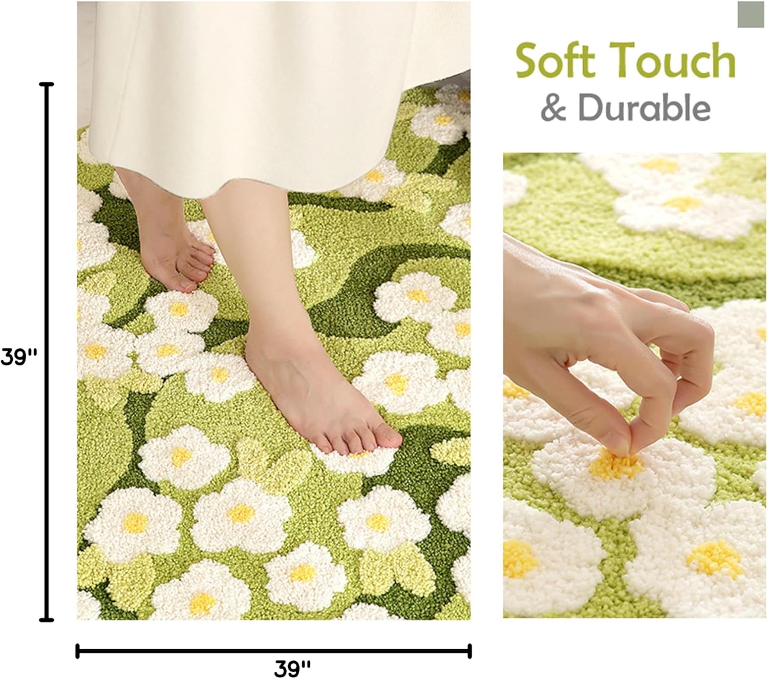 3.3ft Round Area Green Grass Moss Rugs Cute Flower Shag Fluffy Floral Carpet Leaf Bath Mats for Bathroom Decor Non Slip Machine Washable Aabsorbent for Living Room Shower Mat Door mat Indoor