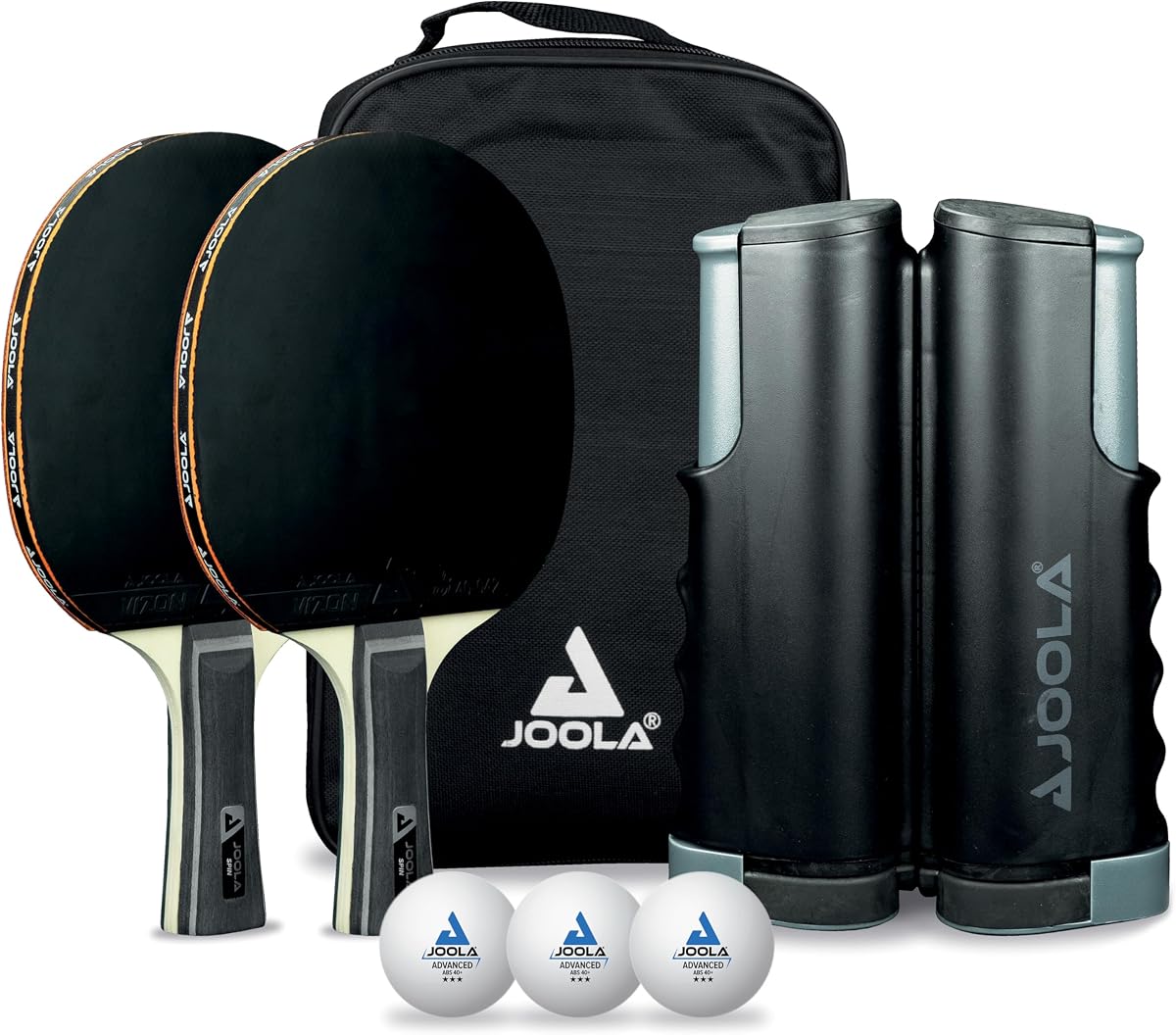 JOOLA Red de ping pong retráctil para cualquier mesa – Red de tenis de mesa portátil y juego de postes que se estira 5.75 pies y abrazaderas de hasta 2 pulgadas de grosor – Juego opcional de raqueta y pelota, juegos para la familia