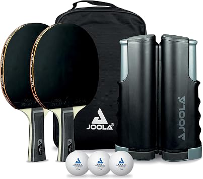 JOOLA Retractable Ping Pong Net for Any Table - Portable Table Tennis Net and Post Set Stretches 5.75 & Clamps Up to 2" Thick - Optional Racket and Ball Set, Games for Family