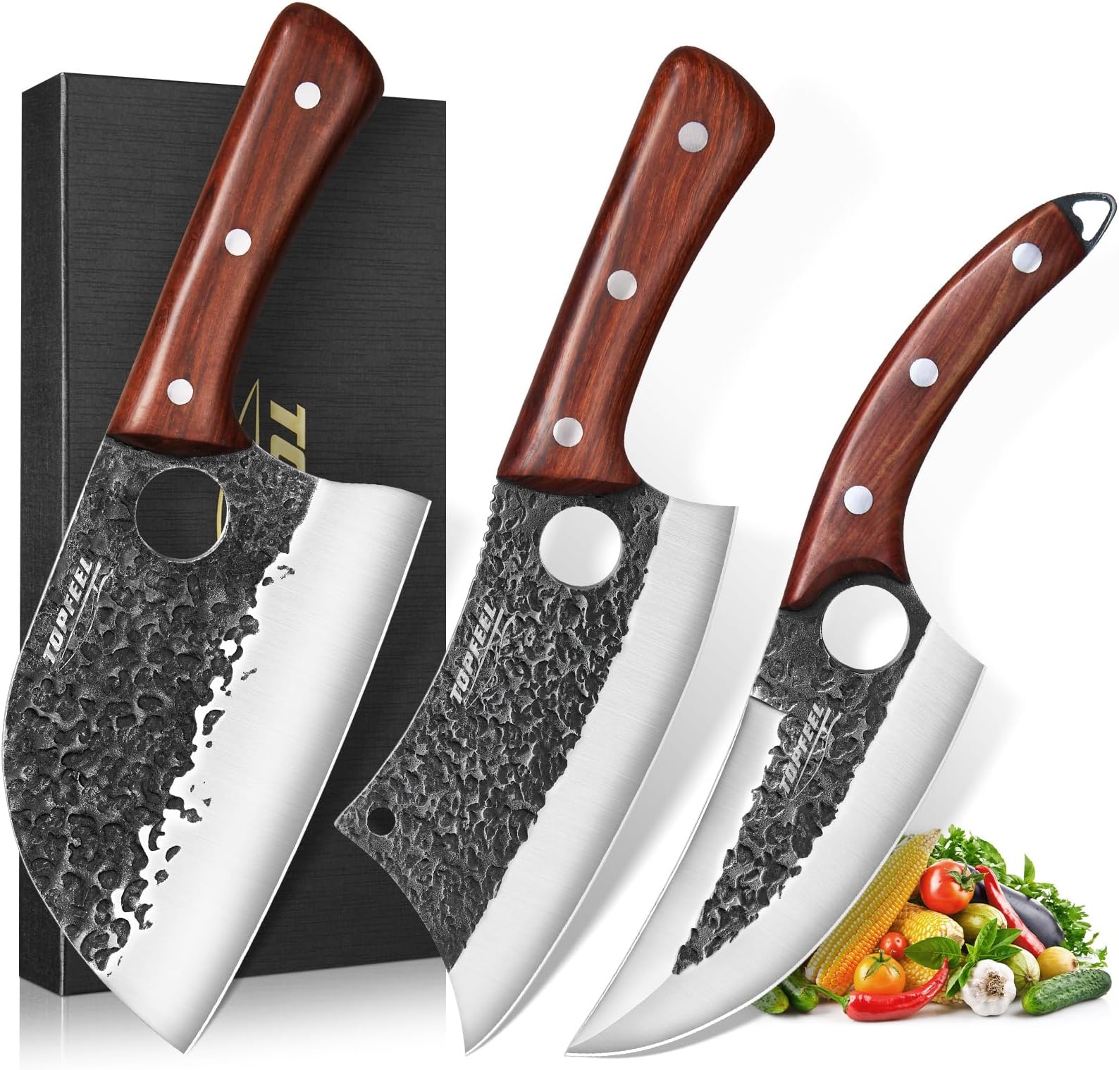 Topfeel 3PCS Butcher Knife Set, Hand Forged Serbian Chef Knives & Meat Cleaver & Viking Knives, Meat Cutting Kitchen Knife Set for Home, Outdoor Cooking, Camping BBQ Gift Idea Men